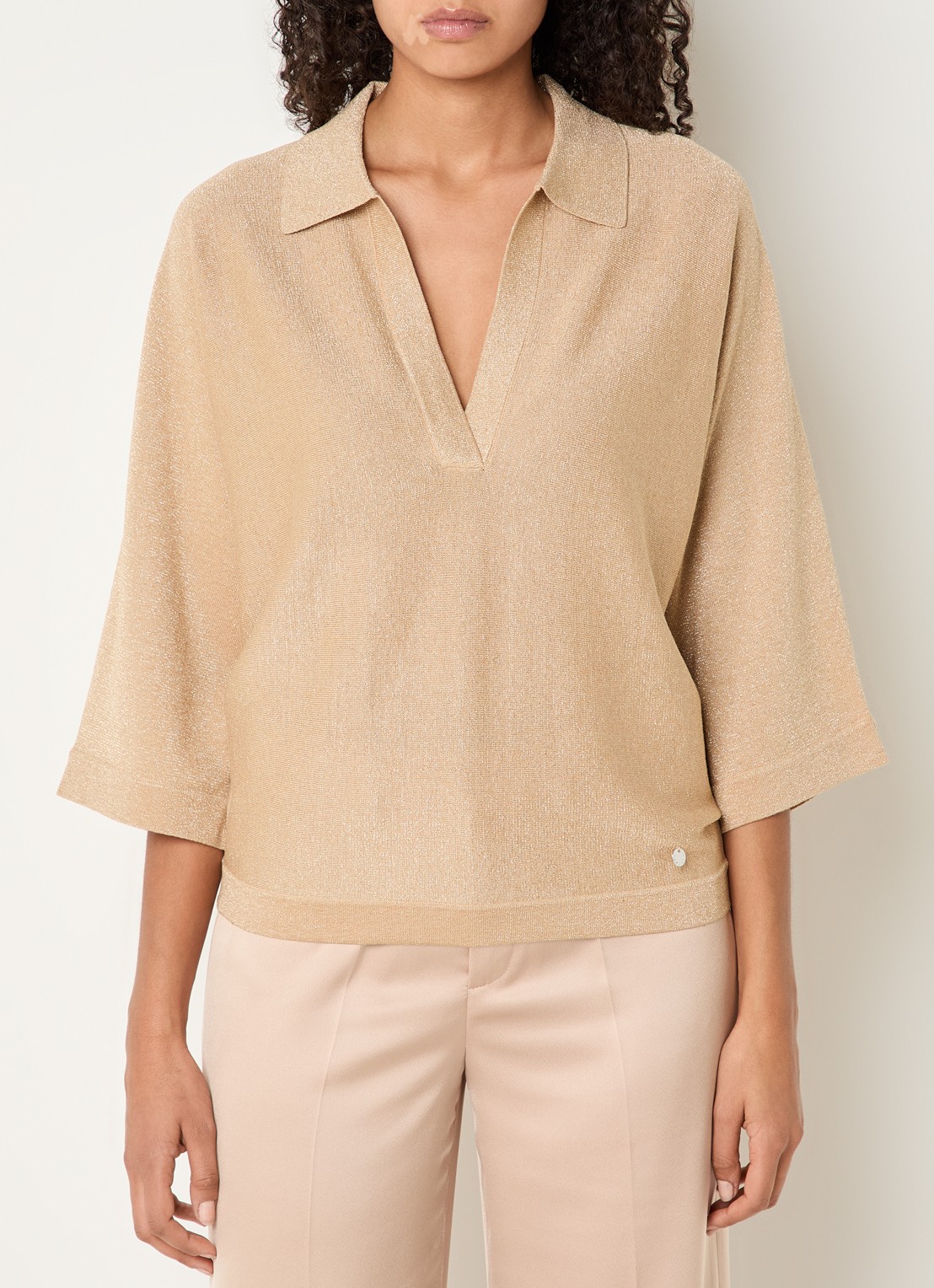 Xandres Fijngebreide top met polokraag en lurex - detail 4 camel
