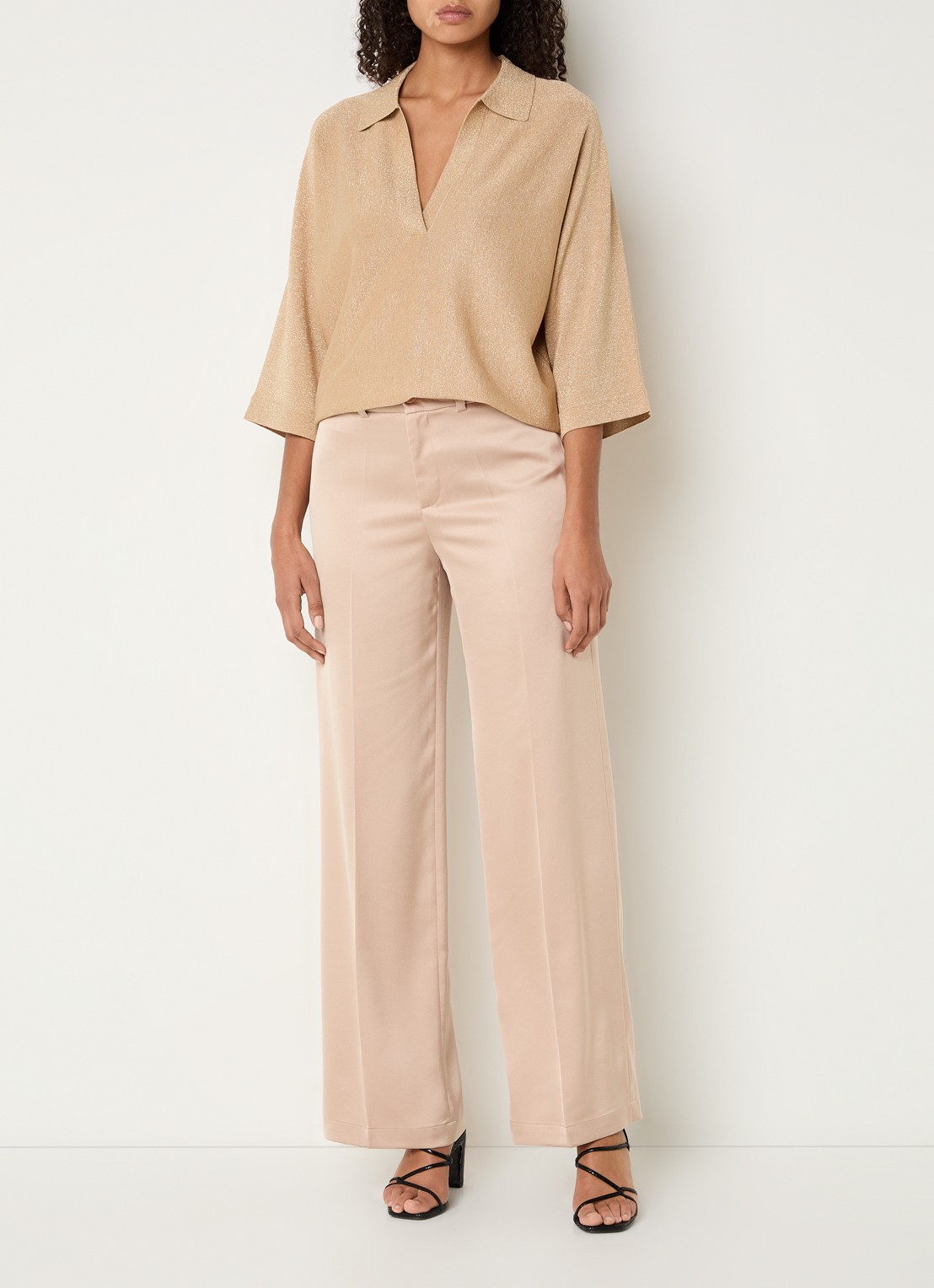 Xandres Fijngebreide top met polokraag en lurex - voorkant 3 camel
