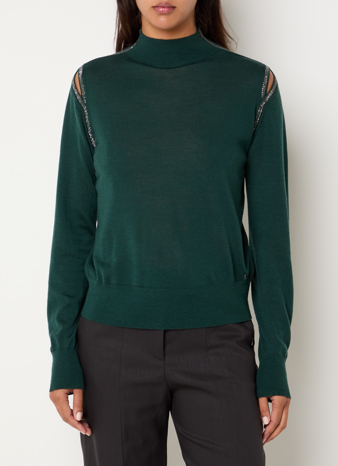 Xandres Galega fijngebreide trui van wol met cut-out detail en strass - detail 3 donkergroen