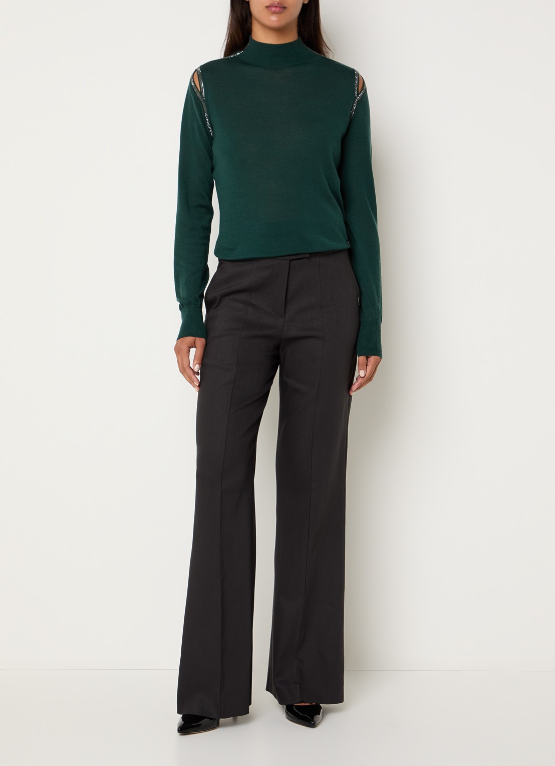 Xandres Galega fijngebreide trui van wol met cut-out detail en strass - voorkant 2 donkergroen