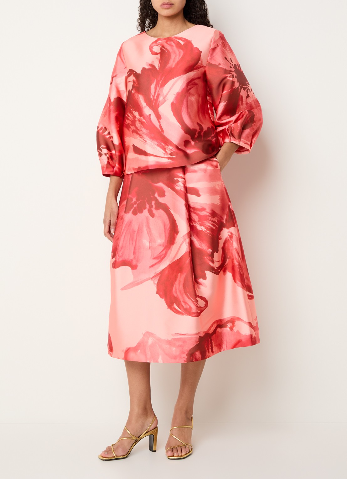 Xandres Hanzie tuniek met pofmouw en bloemenprint - voorkant 4 rood