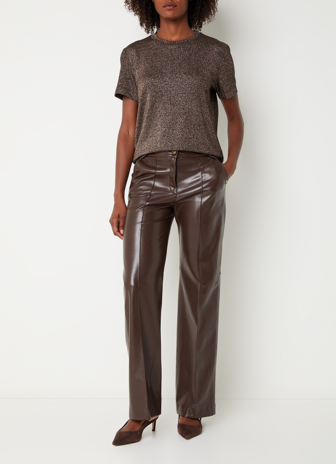 Xandres Helle top met lurex en stretch - voorkant 2 bruin