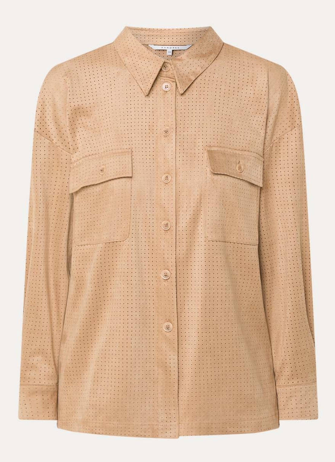 Xandres Henriette blouse van imitatiesuède met stippenprint - voorkant 3 camel