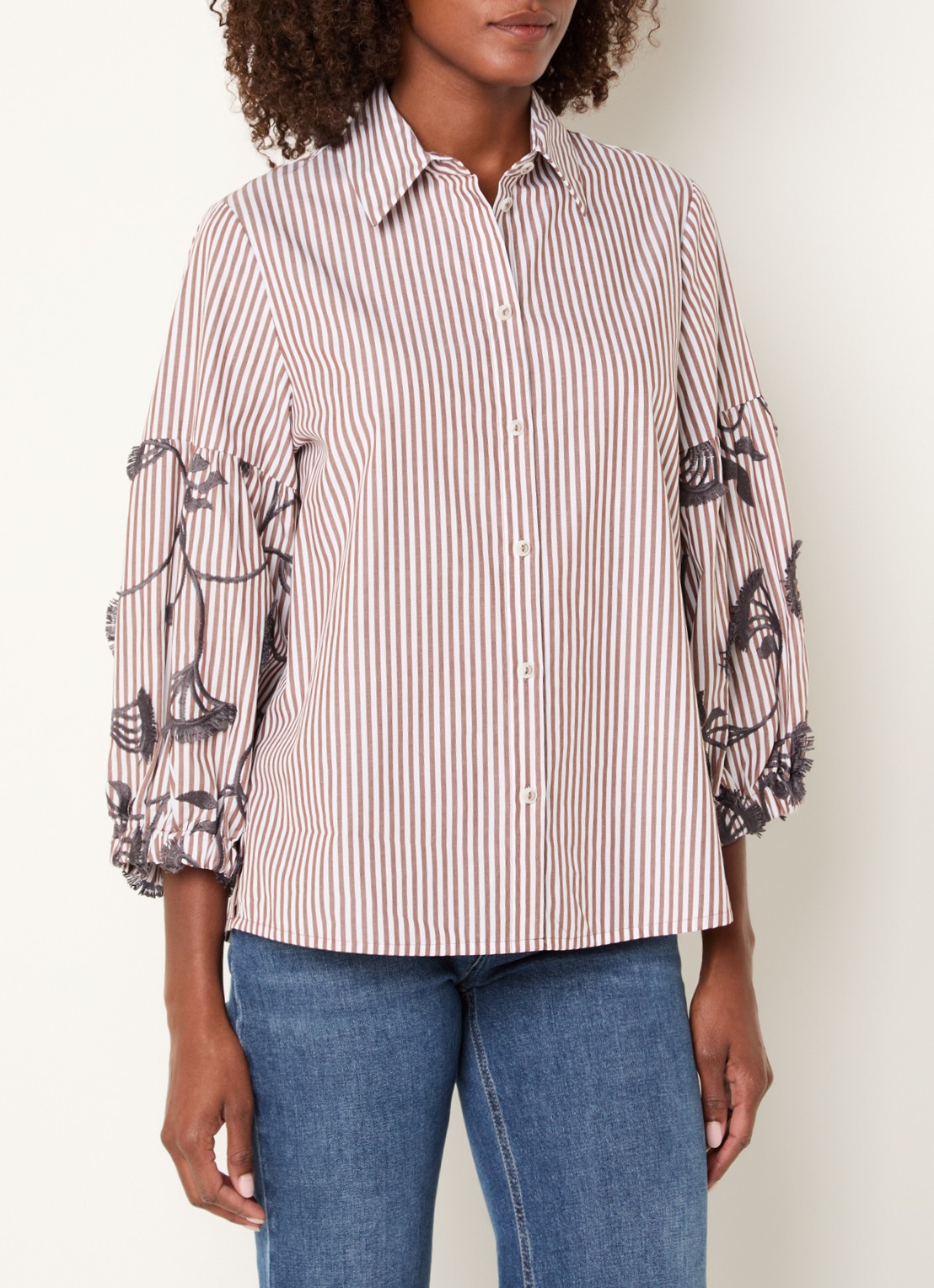 Xandres Hopi blouse met streepprint - detail lichtbruin