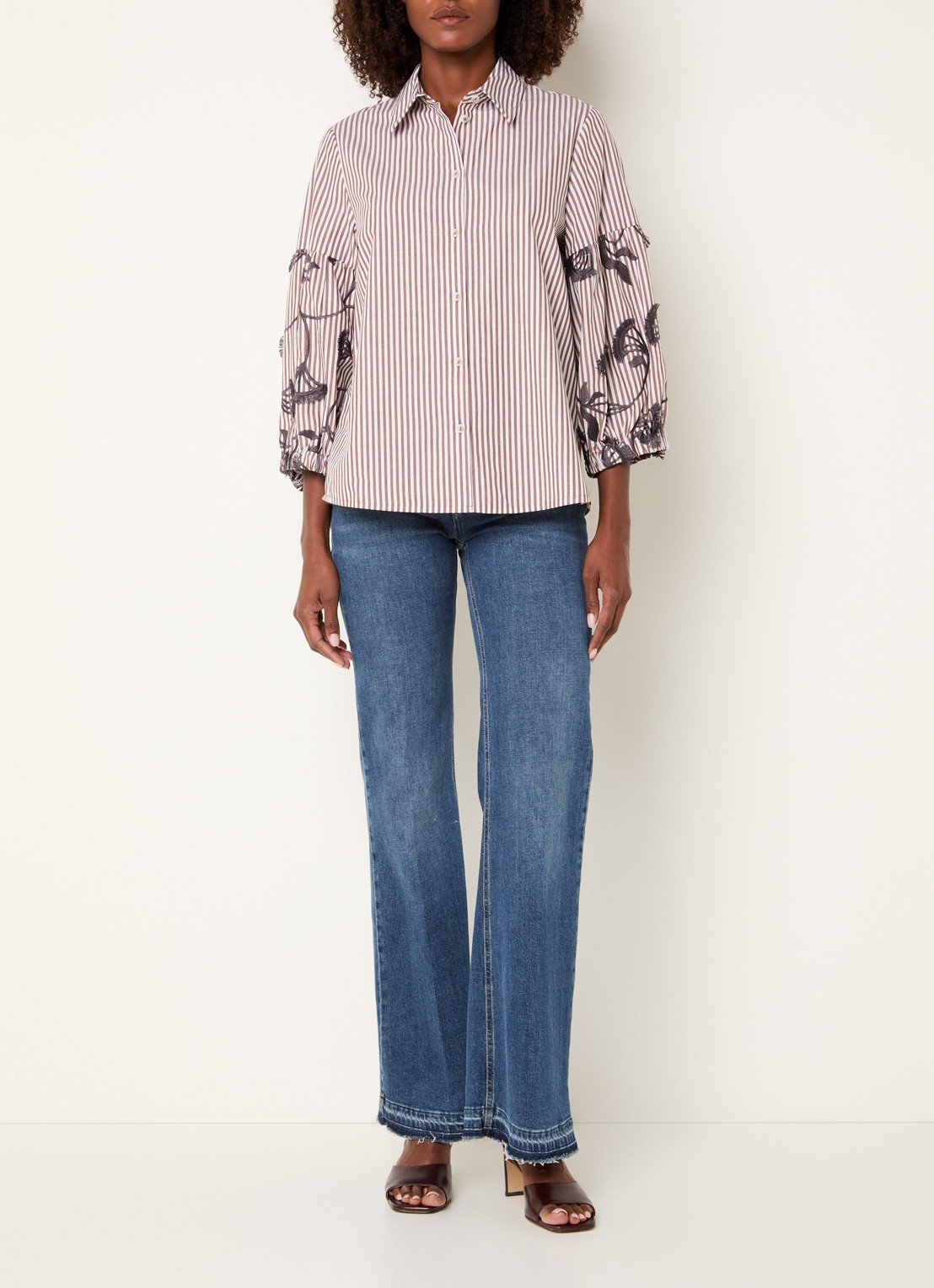 Xandres Hopi blouse met streepprint - voorkant 3 lichtbruin