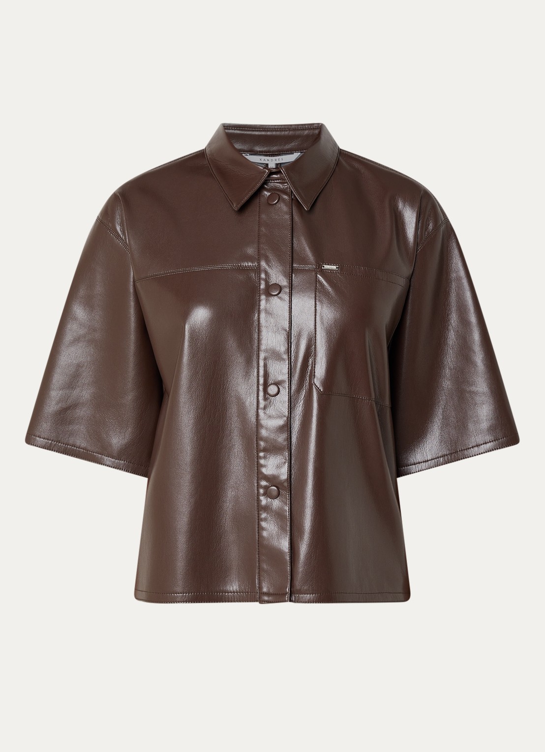 Xandres Horris blouse van imitatieleer met borstzak - voorkant donkerbruin