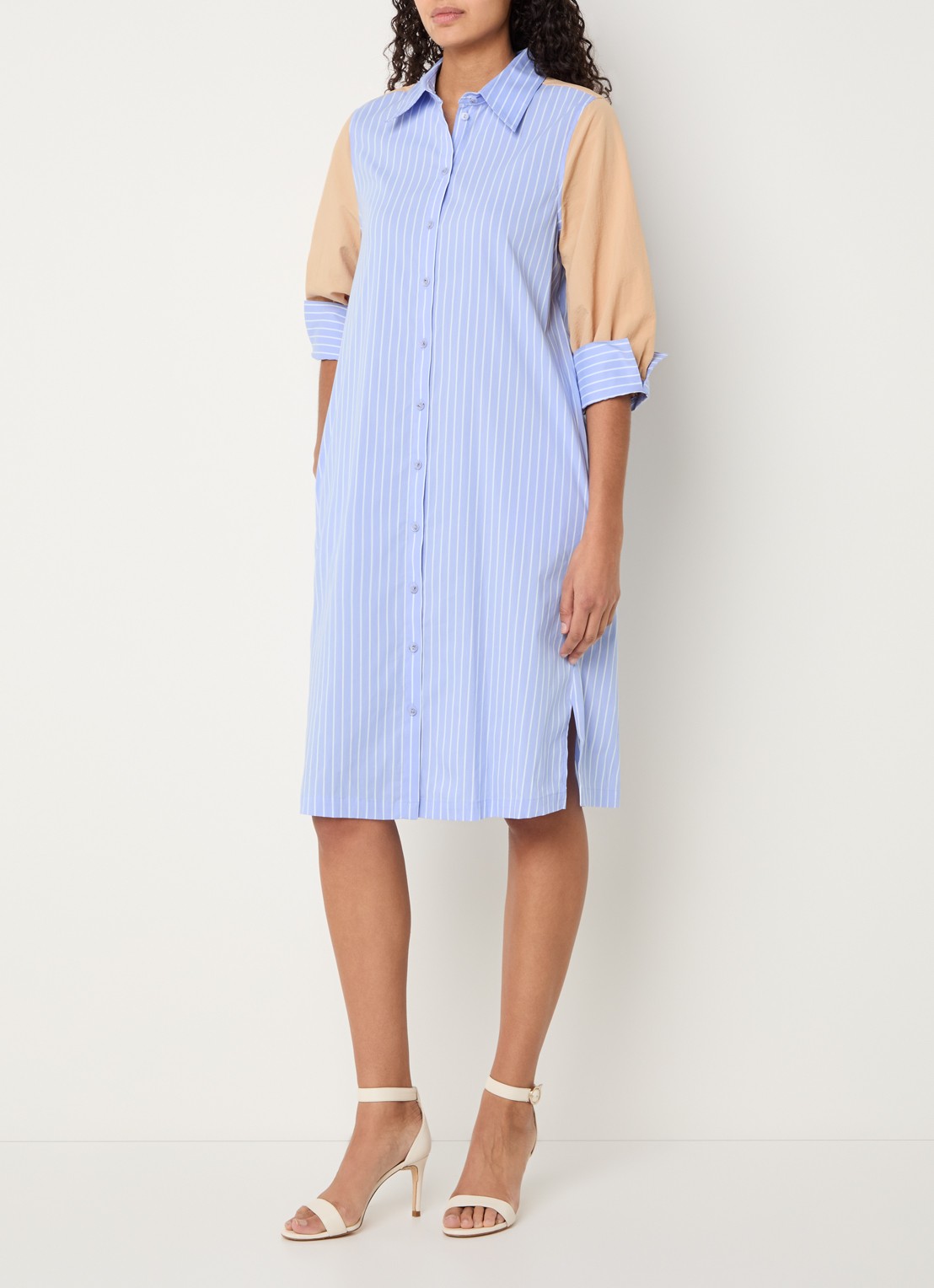 Xandres Katriena midi blousejurk met streepprint - detail staalblauw