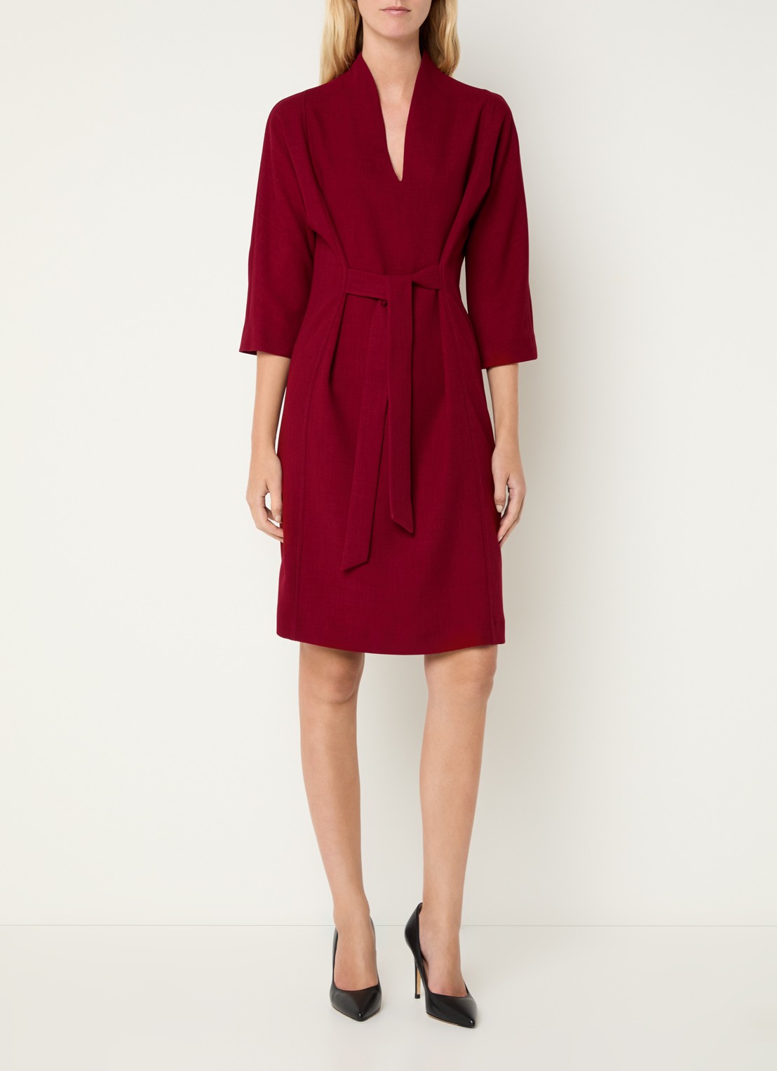 Xandres Kiliano midi jurk met strikceintuur - voorkant 2 donkerrood