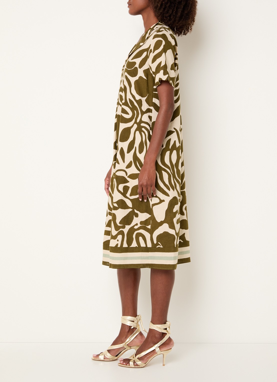 Xandres Kirania midi jurk in linnenblend met print - voorkant 4 bronsgroen