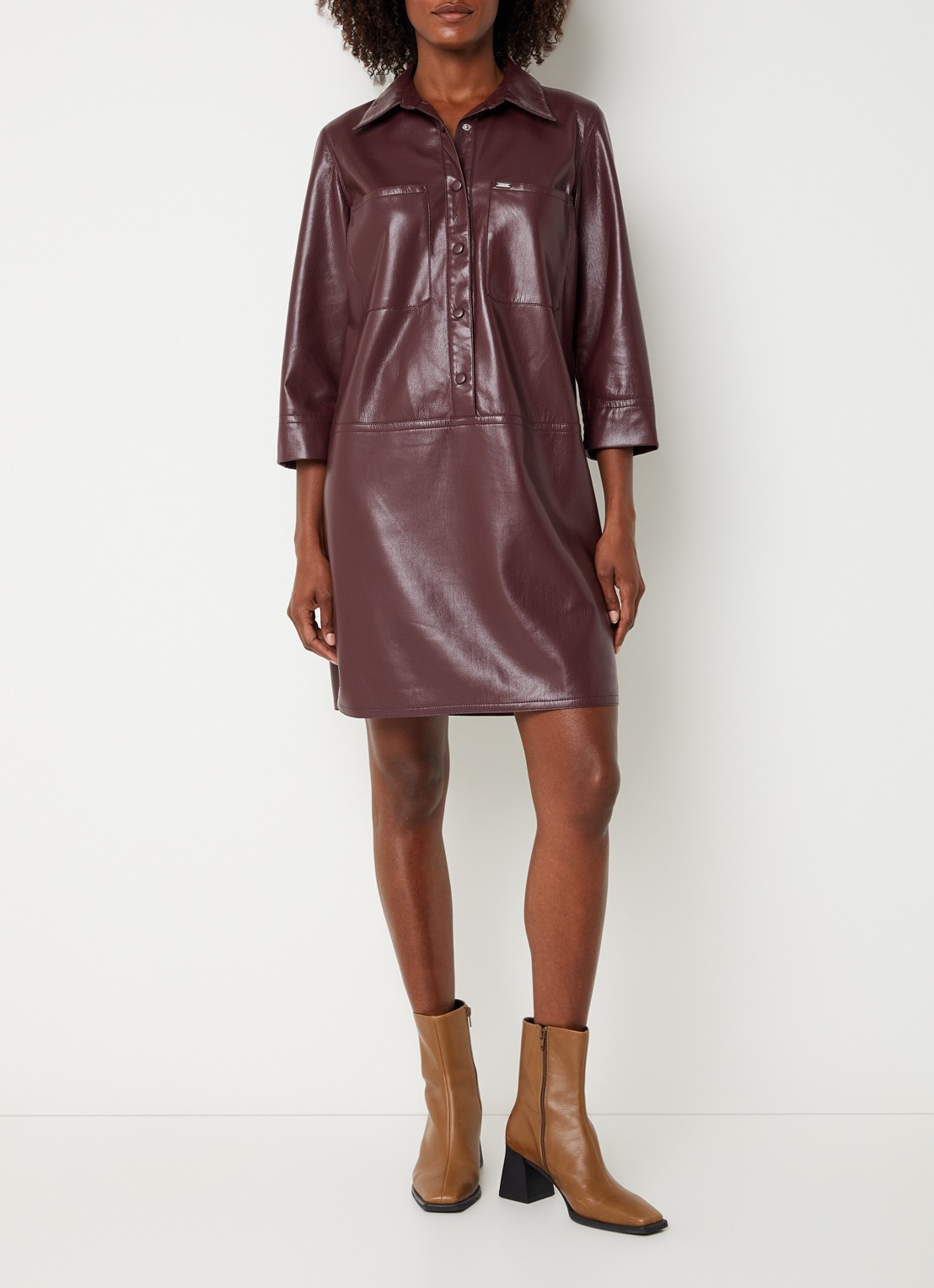 Xandres Kobien mini blousejurk van imitatieleer - voorkant 2 aubergine