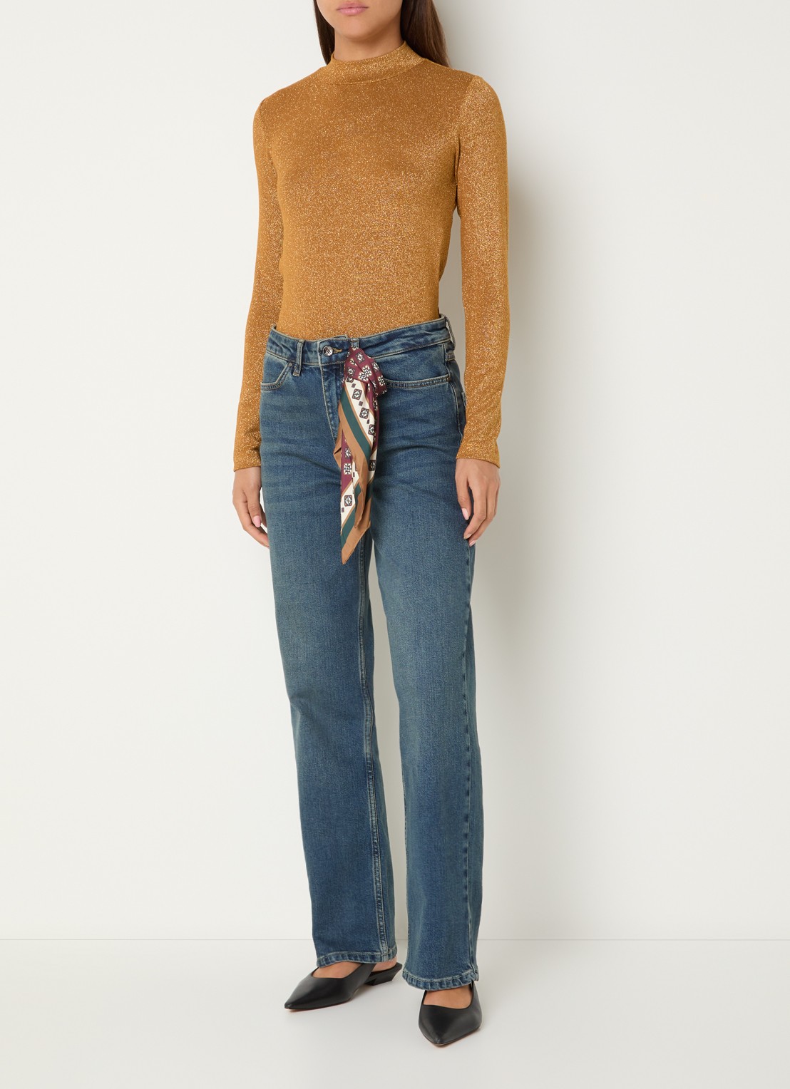 Xandres Pascal high waist straight leg jeans met medium wassing en sjaaldetail  - voorkant 4 indigo