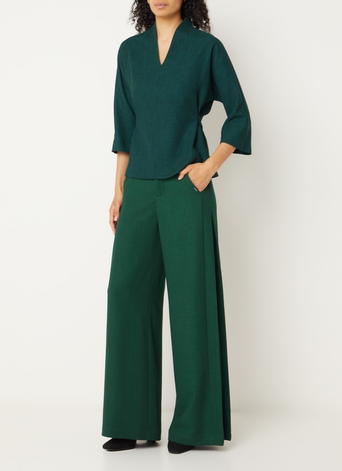 Xandres Patrizie high waist wide fit pantalon met steekzakken - voorkant 2 donkergroen