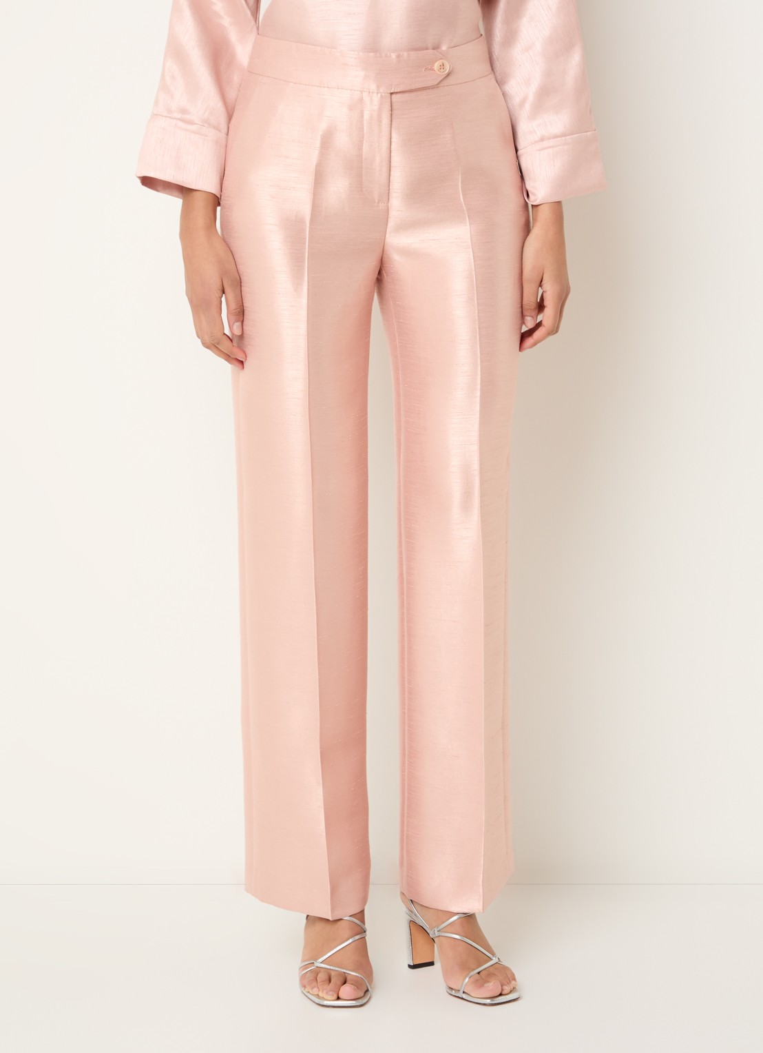Xandres Peyvin high waist wide leg pantalon met metallic finish - detail 4 zalmroze