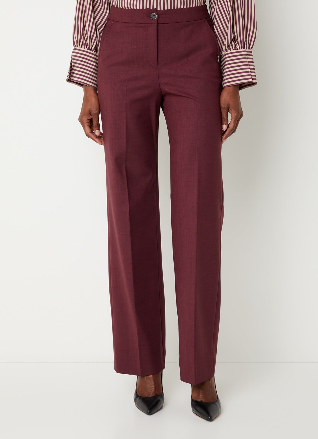 Xandres Phocus high waist straight fit pantalon in woblend met steekzakken - detail aubergine