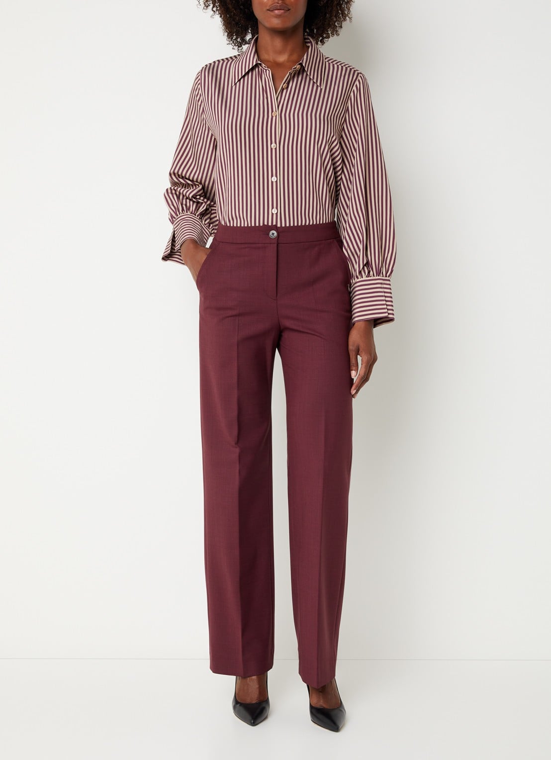 Xandres Phocus high waist straight fit pantalon in woblend met steekzakken - voorkant 3 aubergine