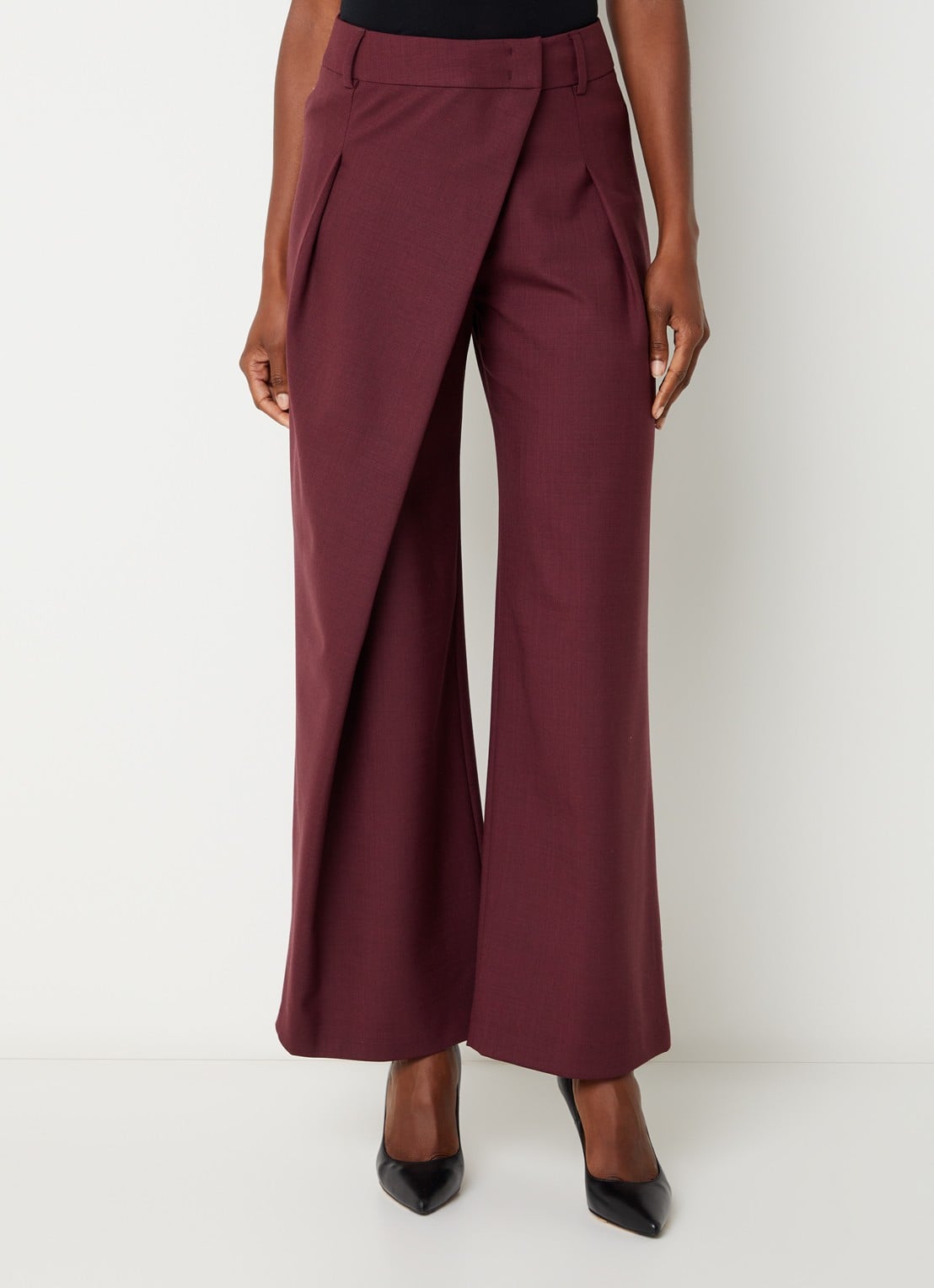 Xandres Pifo high waist wide fit pantalon in wolblend met steekzakken - detail 2 aubergine