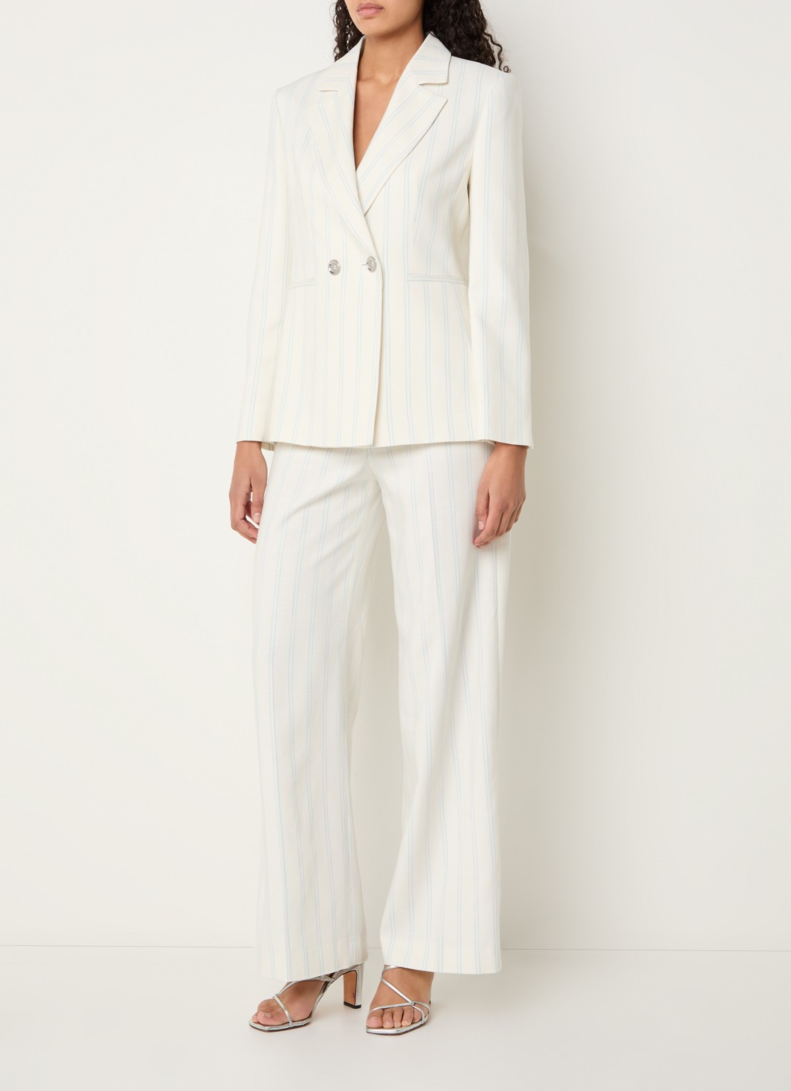 Xandres Punch high waist straight fit pantalon met krijtstreep - voorkant 4 gebroken wit