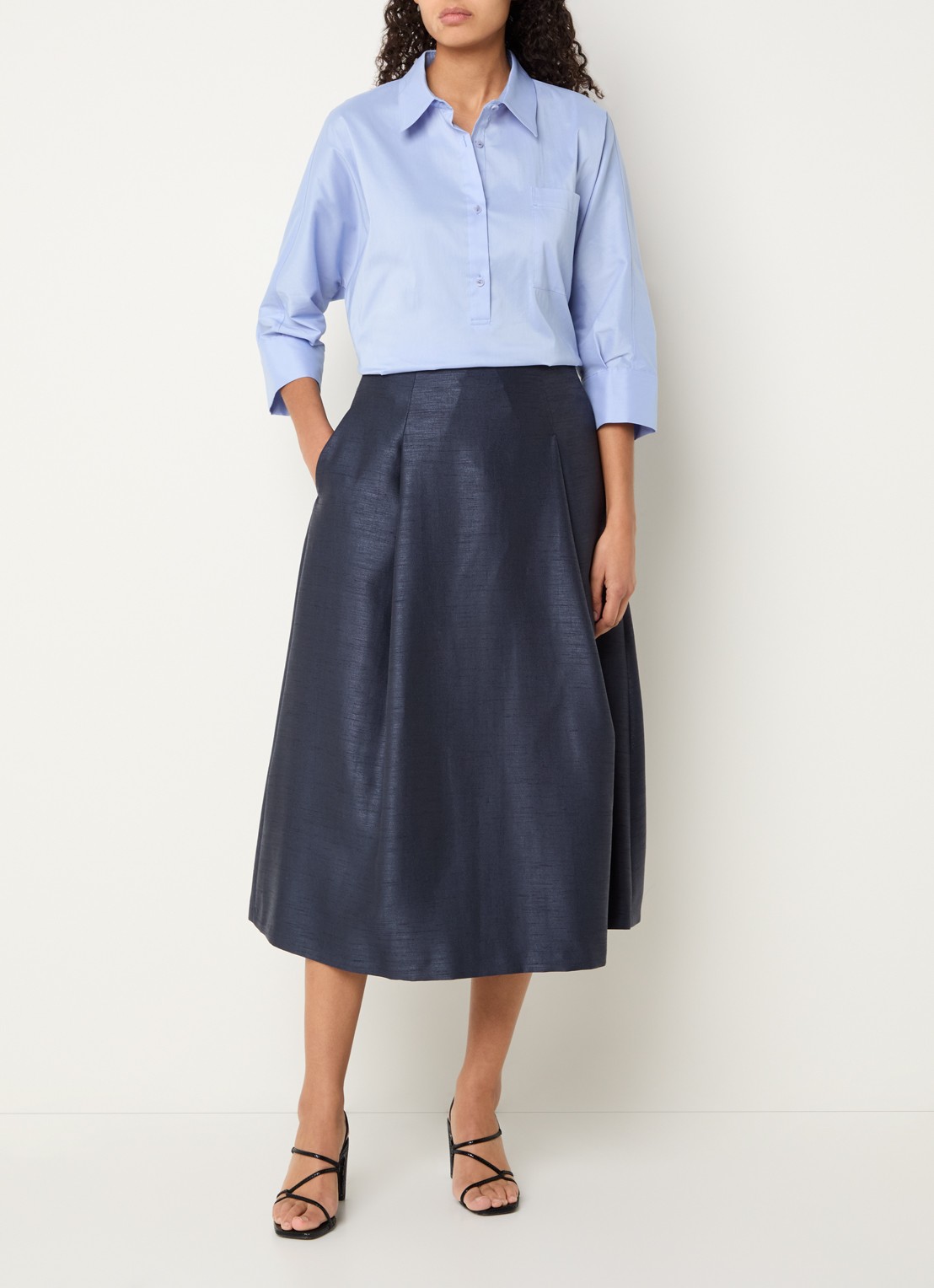 Xandres Rayma midi A-lijn rok met metallic finish - voorkant 4 donkerblauw
