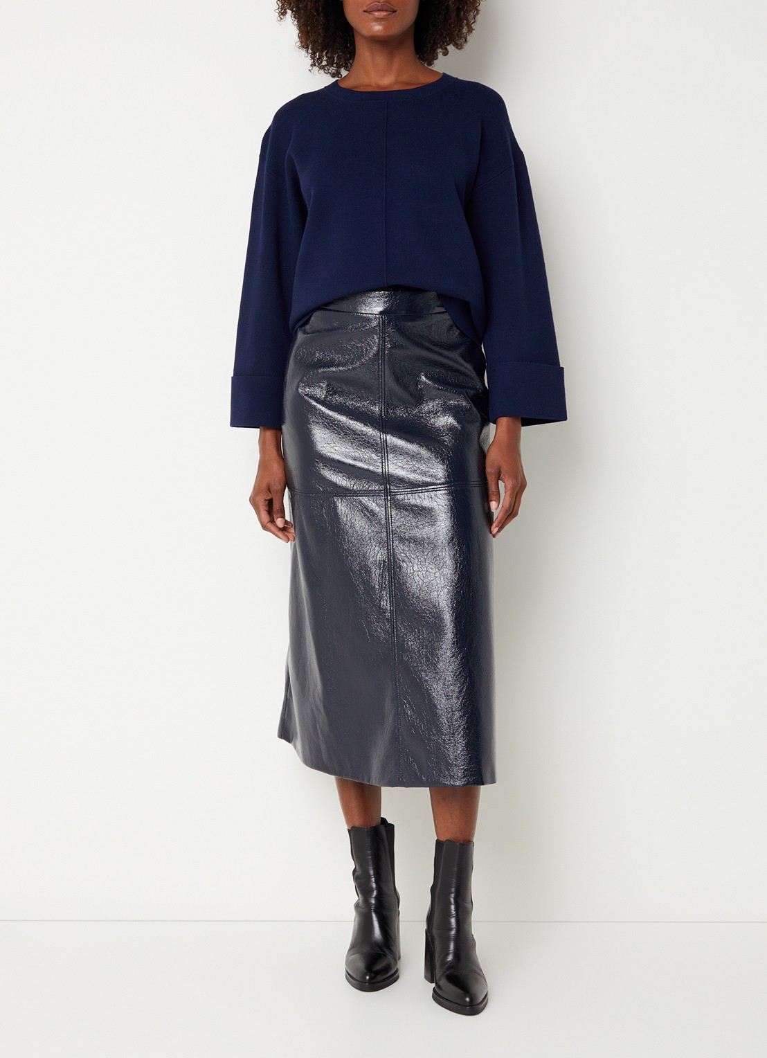 Xandres Rheya midi rok van imitatieleer met steekzakken - voorkant 2 donkerblauw