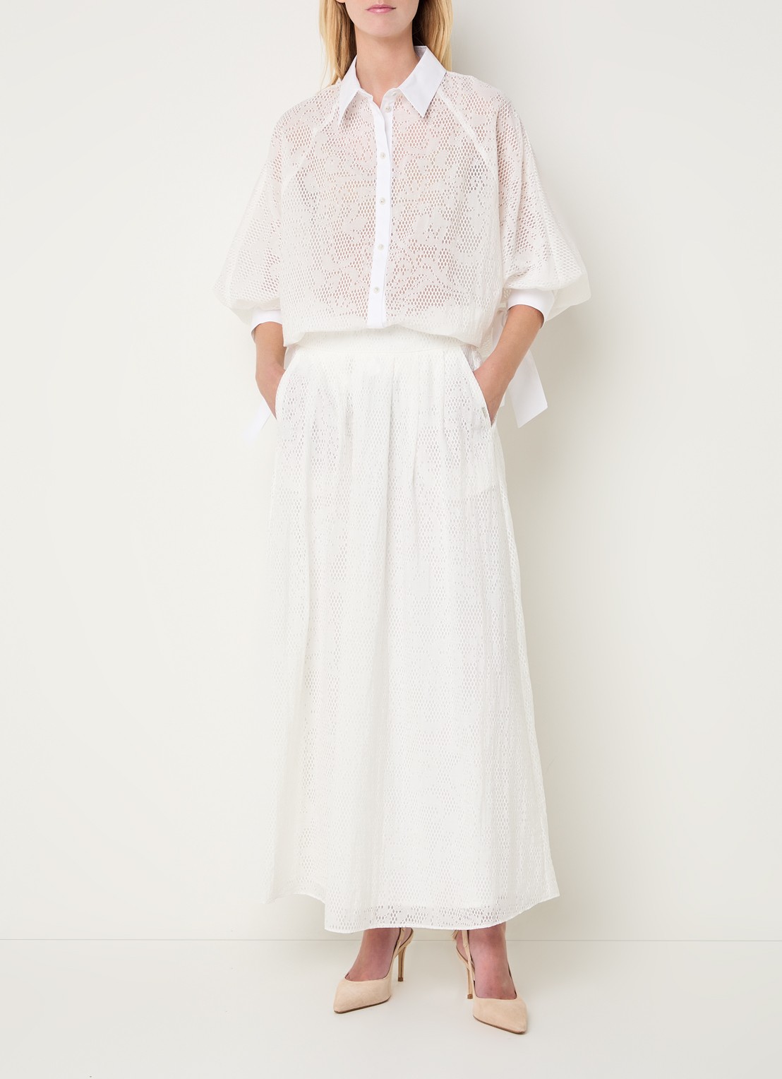 Xandres Rive maxi A-lijn rok met mesh - voorkant 2 wit