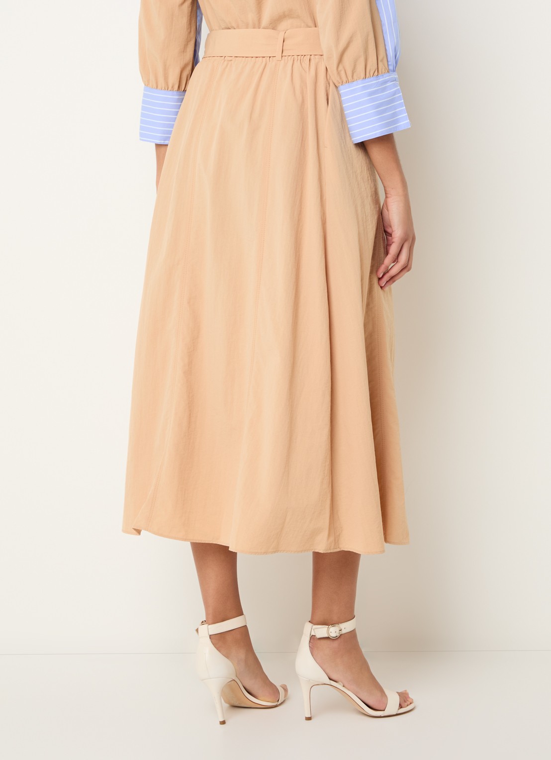 Xandres Rossi high waist midi A-lijn rok met strikceintuur - achterkant camel