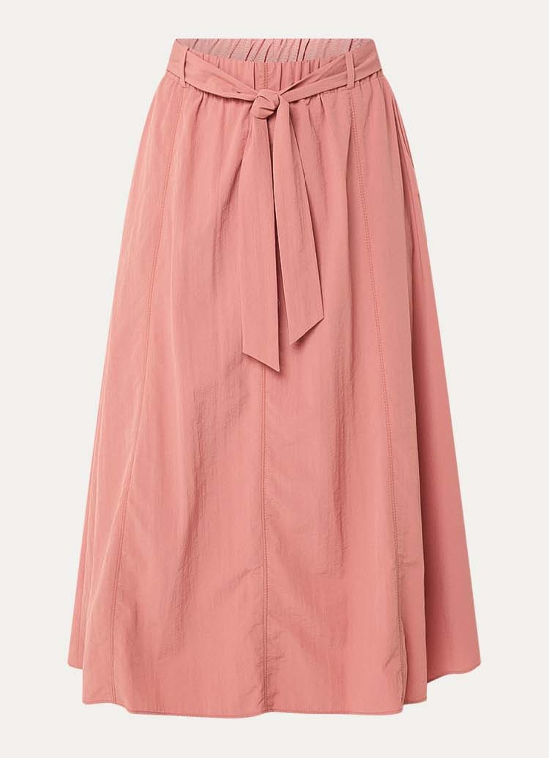 Xandres Rossi high waist midi A-lijn rok met strikceintuur - voorkant 2 koraal