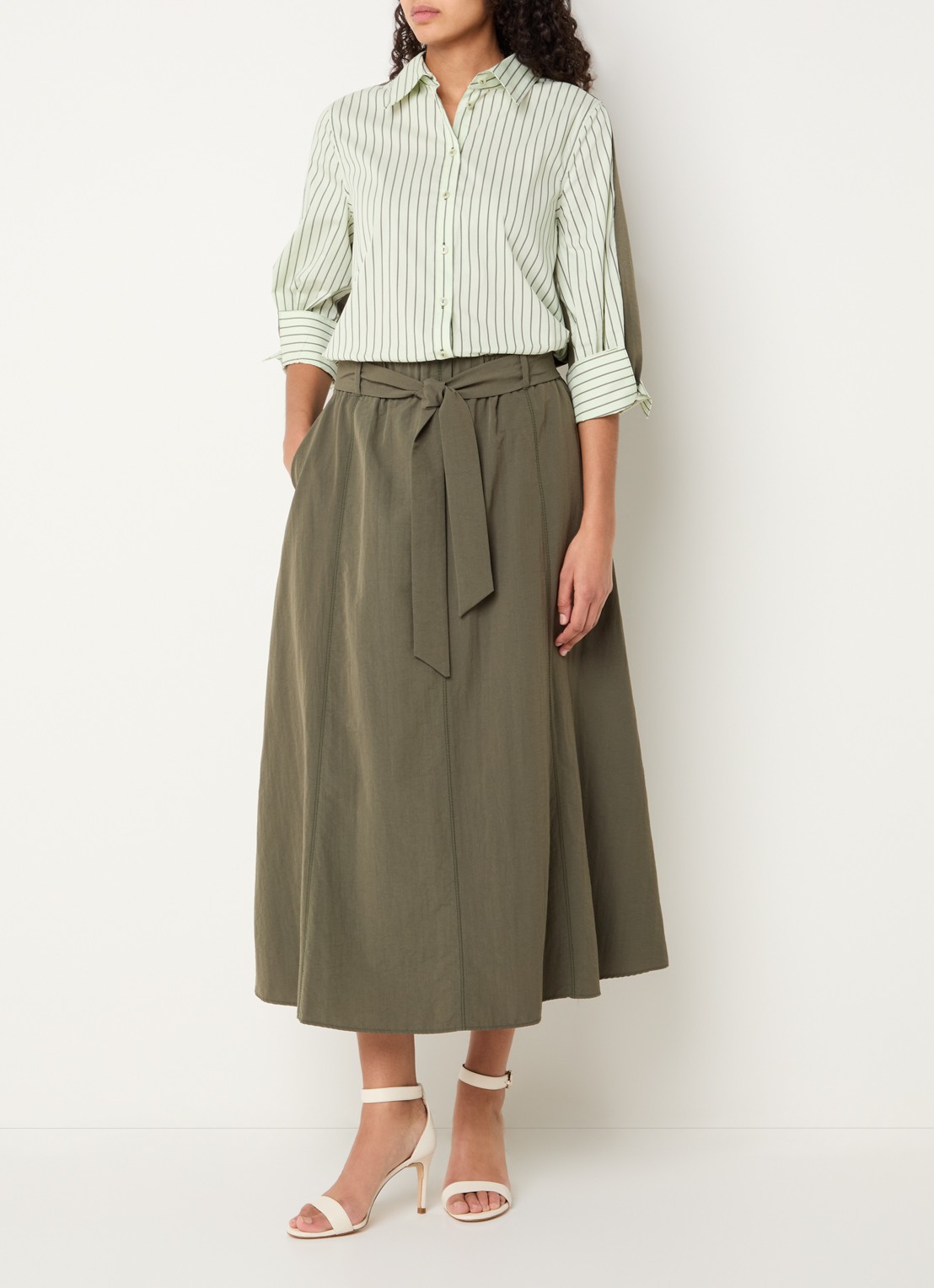 Xandres Rossi high waist midi A-lijn rok met strikceintuur - voorkant 3 bronsgroen
