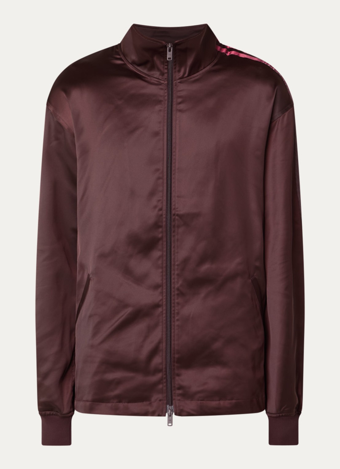 Y-3 Trainingsvest van satijn met streepprint - voorkant bordeauxrood