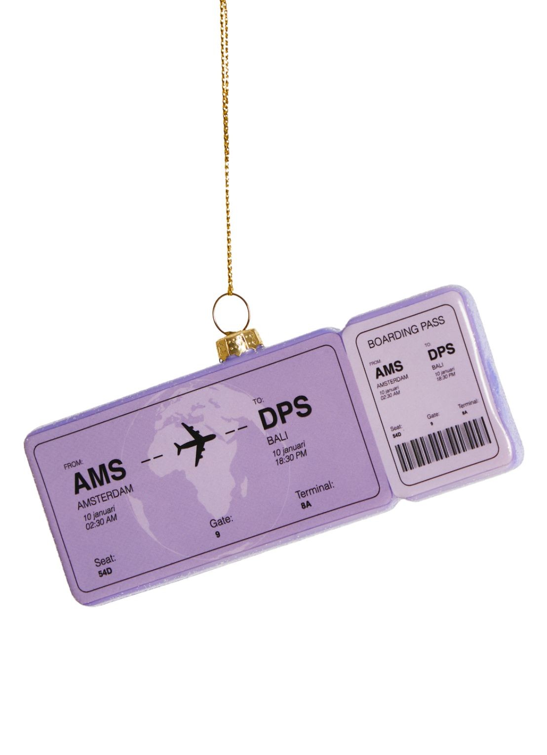 Yup in de Boom Boardingpass Amsterdam - Bali kersthanger 1,5 cm - voorkant lila