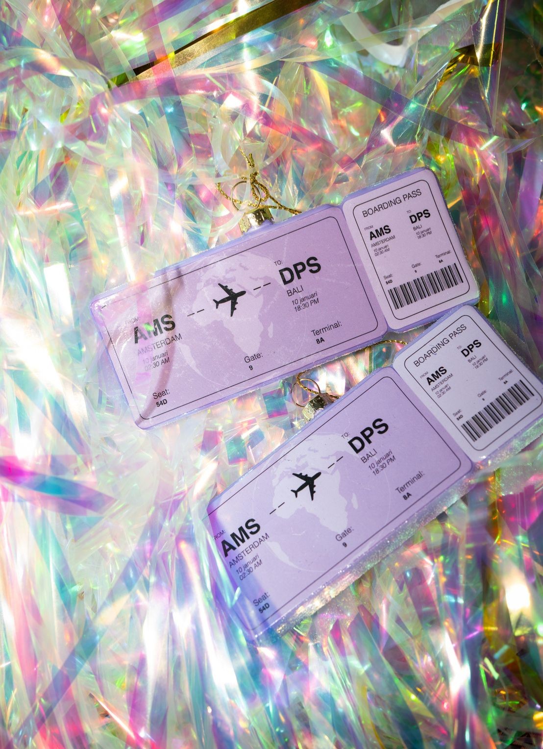 Yup in de Boom Boardingpass Amsterdam - Bali kersthanger 1,5 cm - voorkant 2 lila
