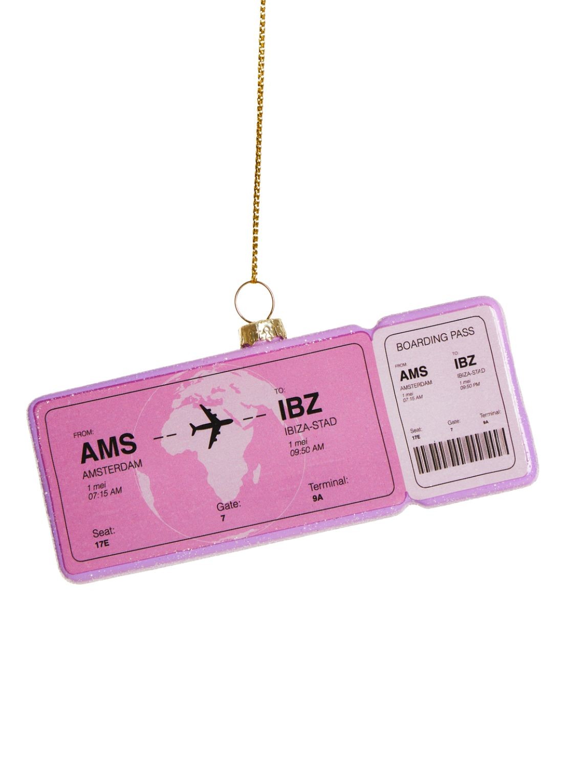 Yup in de Boom Boardingpass Amsterdam - Ibiza kersthanger 1,5 cm - voorkant roze
