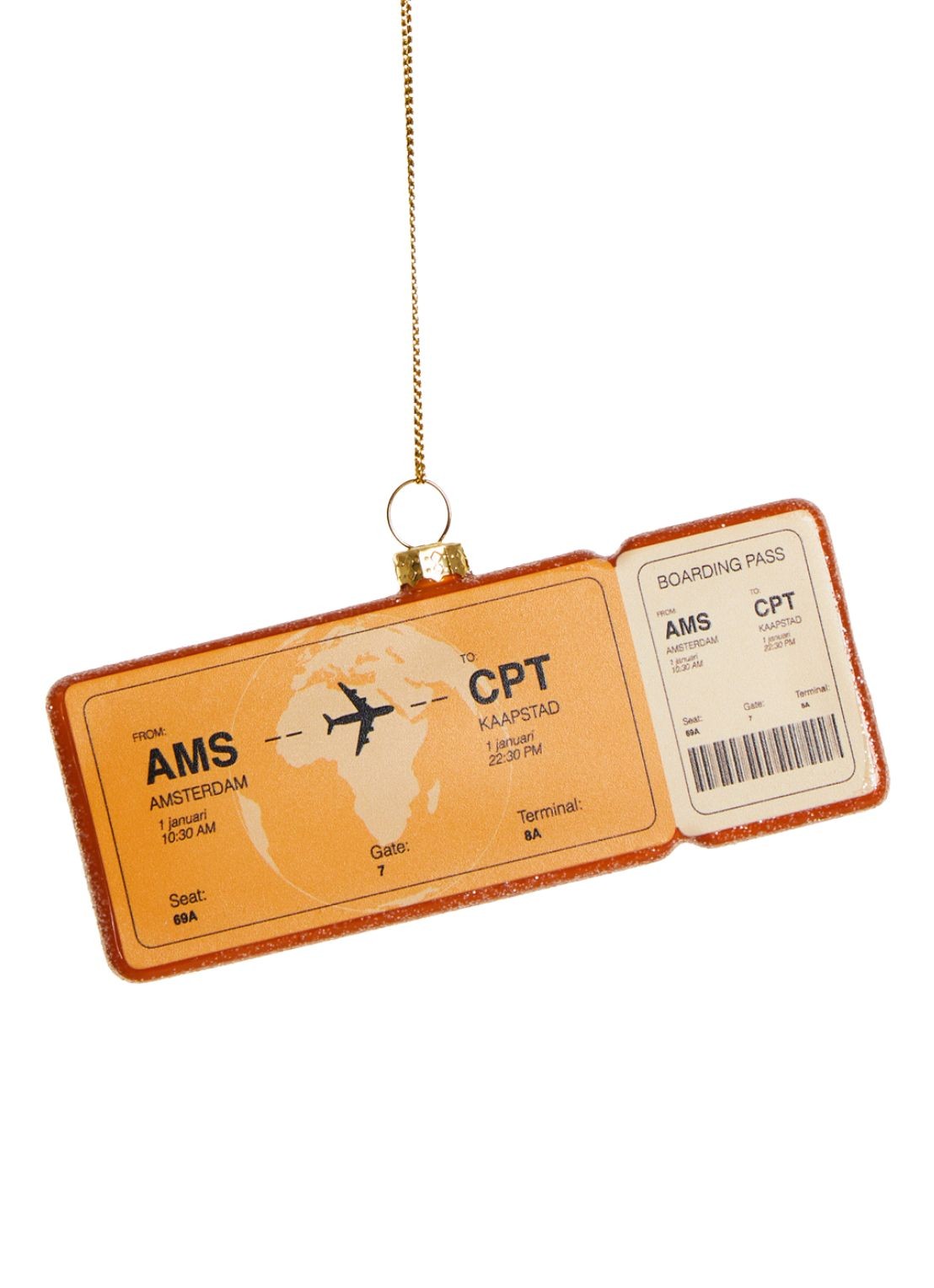 Yup in de Boom Boardingpass Amsterdam - Kaapstad kersthanger 1,5 cm - voorkant oranje