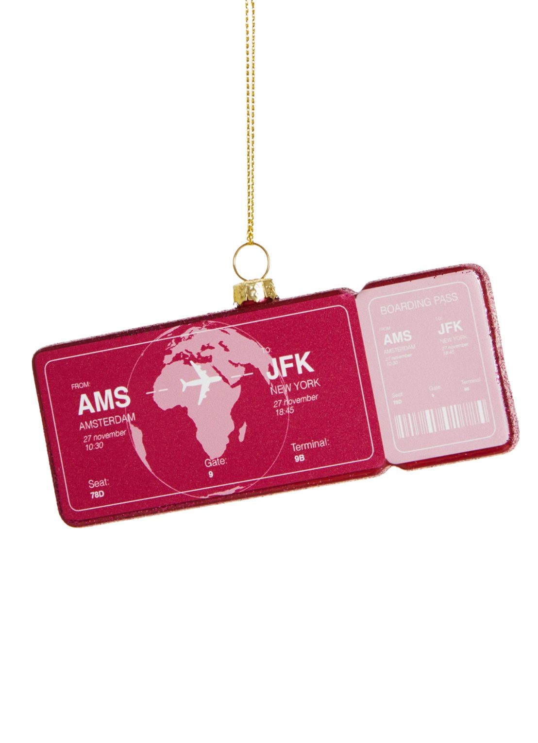 Yup in de Boom Boardingpass Amsterdam - New York kersthanger 1,5 cm - voorkant 2 roze