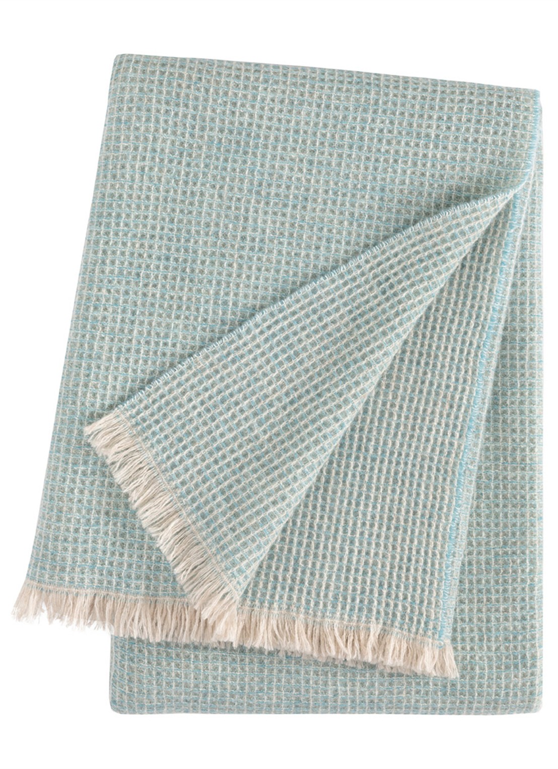 Yves Delorme Cosy plaid van scheerwol met franjes 130 x 170 cm - voorkant 2 lichtblauw