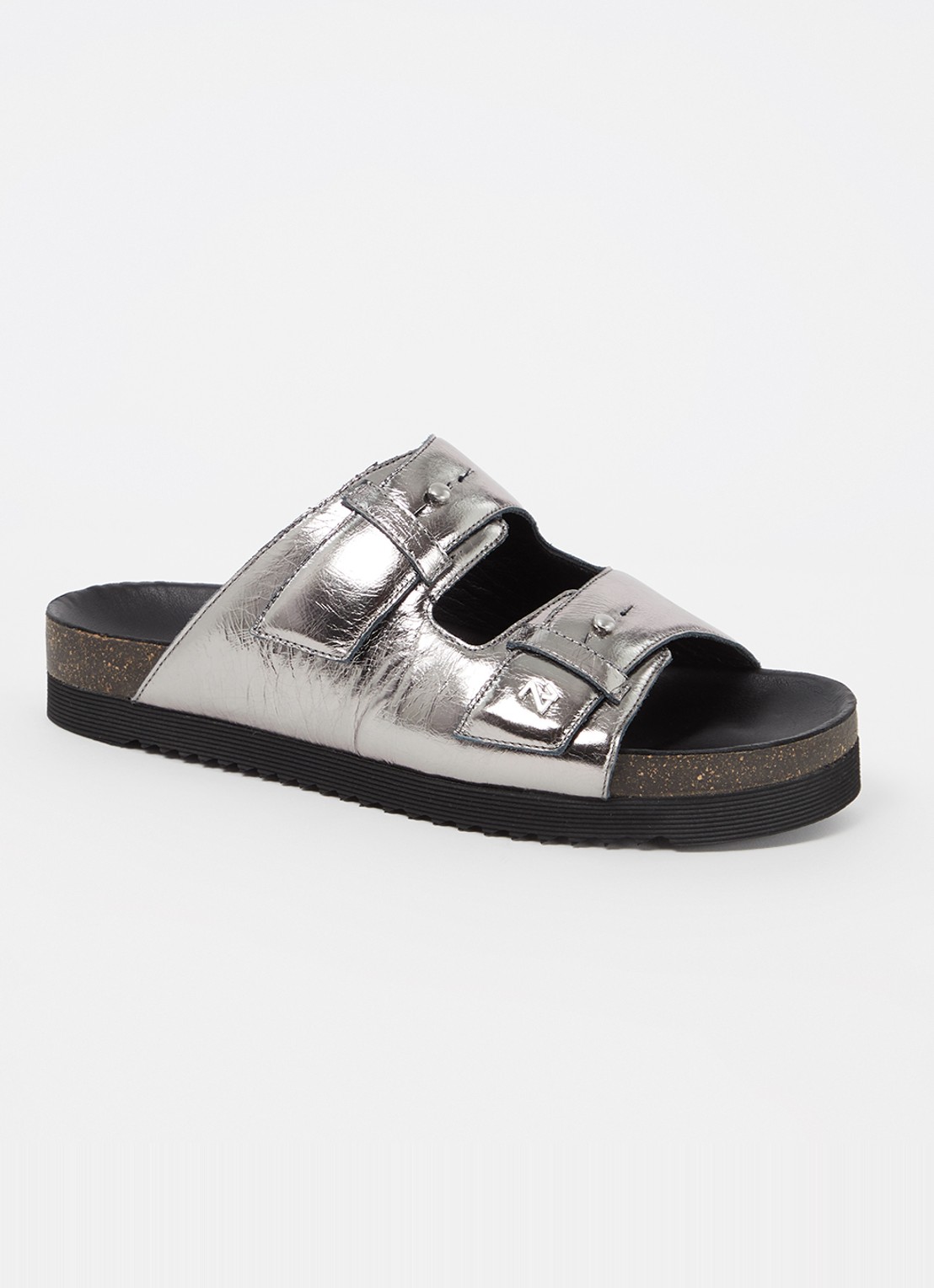 Zadig&Voltaire Alpha Vintage slipper van leer met metallic finish - voorkant 2 zilver