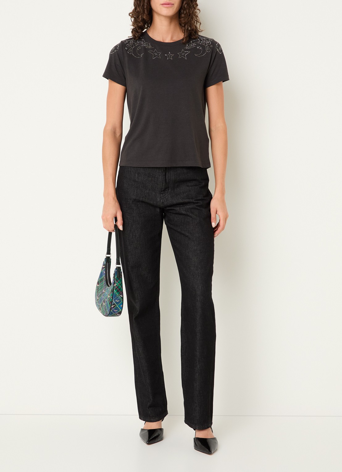 Zadig&Voltaire Alys T-shirt in linnenblend met strass - voorkant 2 antraciet