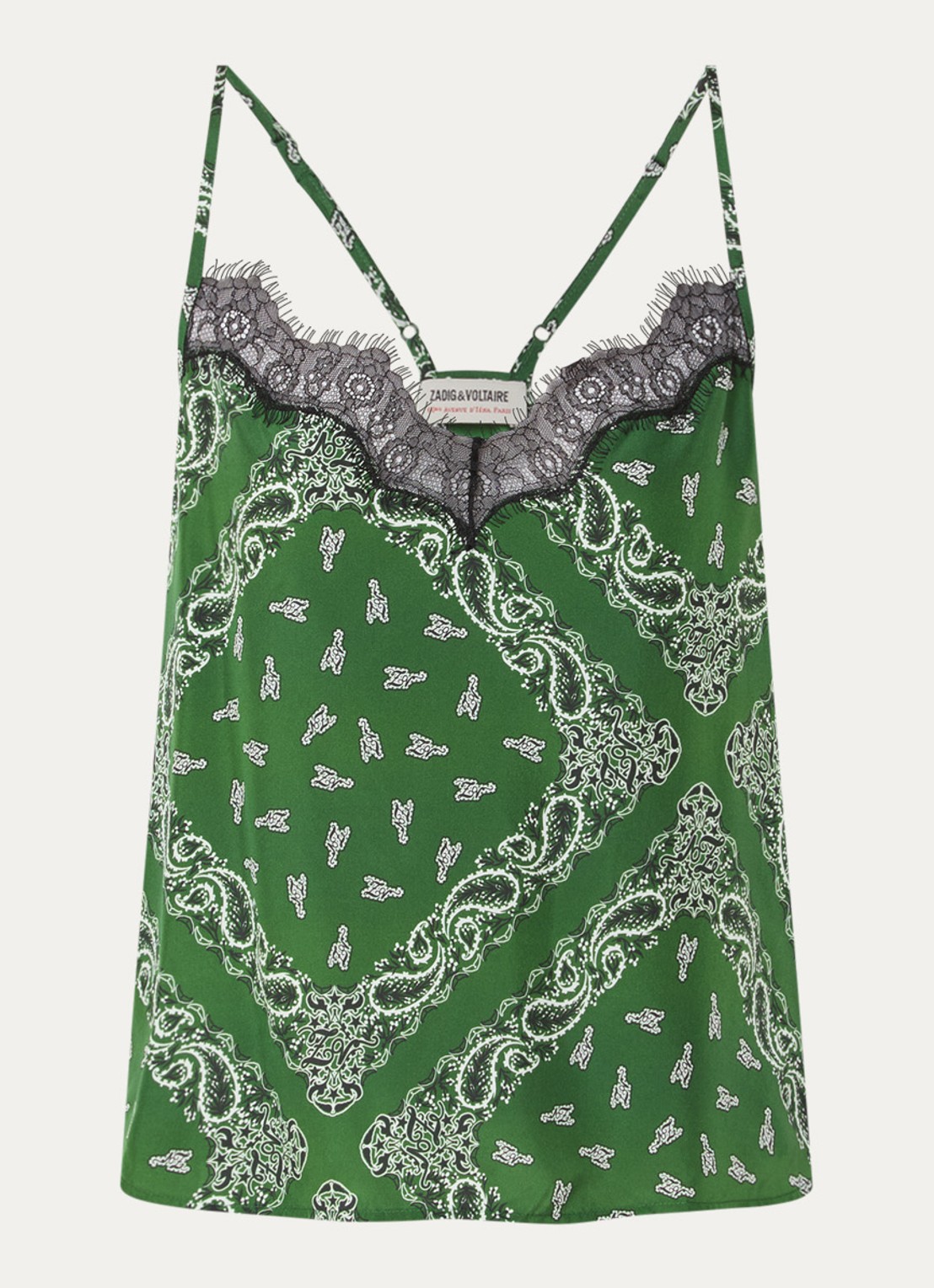 Zadig&Voltaire Cespa spaghettitop van zijde met details van kant en paisley dessin - voorkant 3 donkergroen
