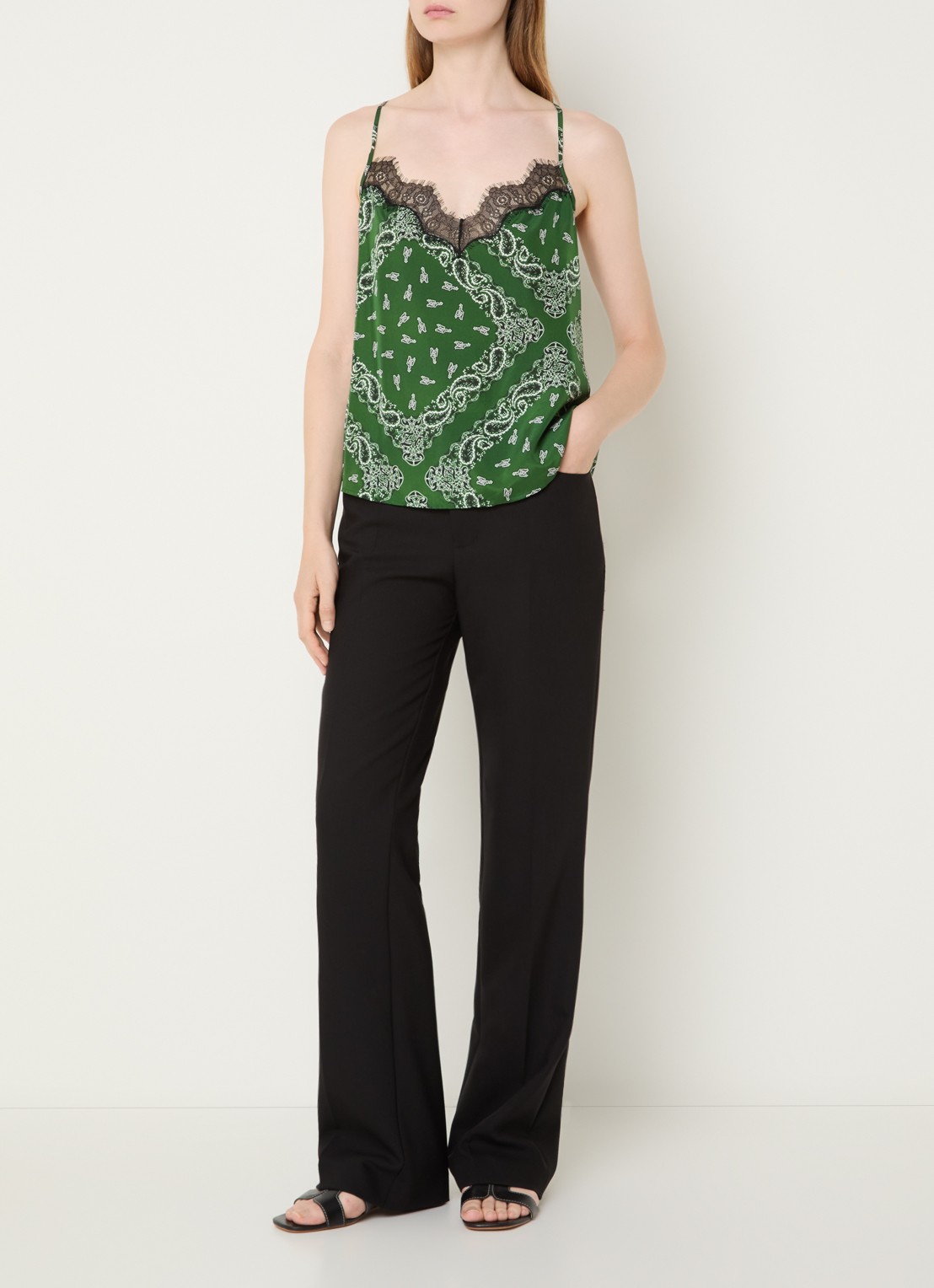 Zadig&Voltaire Cespa spaghettitop van zijde met details van kant en paisley dessin - voorkant 4 donkergroen