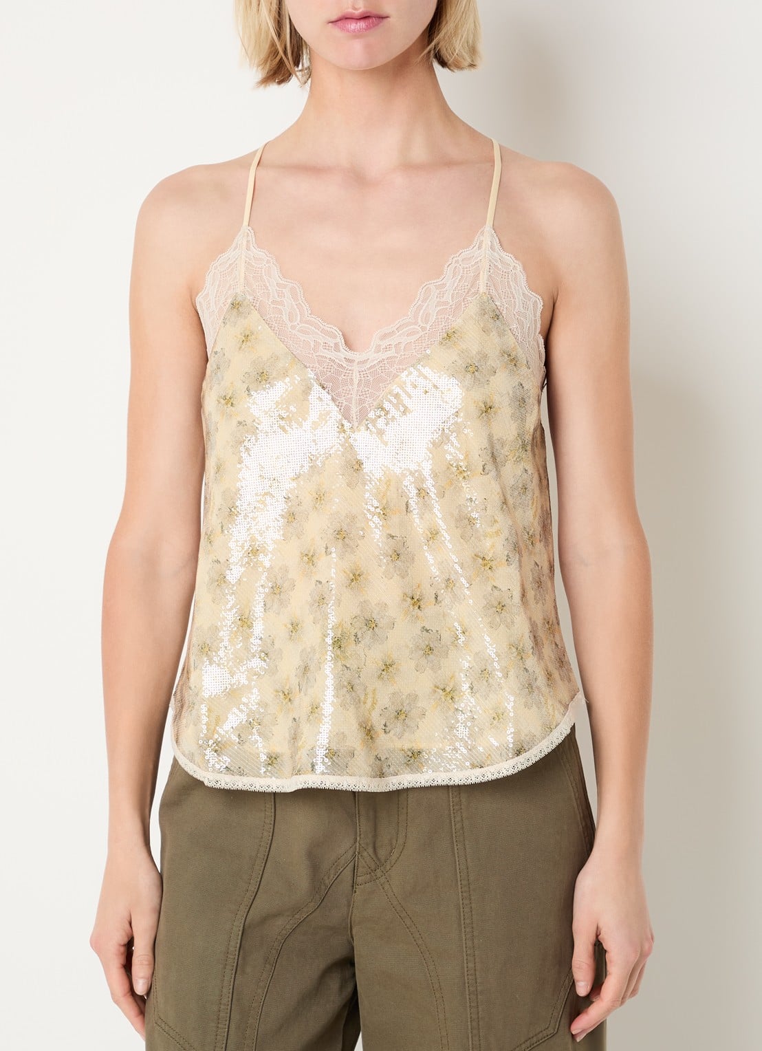 Zadig&Voltaire Christy spaghettitop met pailletten en kanten details - detail 2 vanillegeel