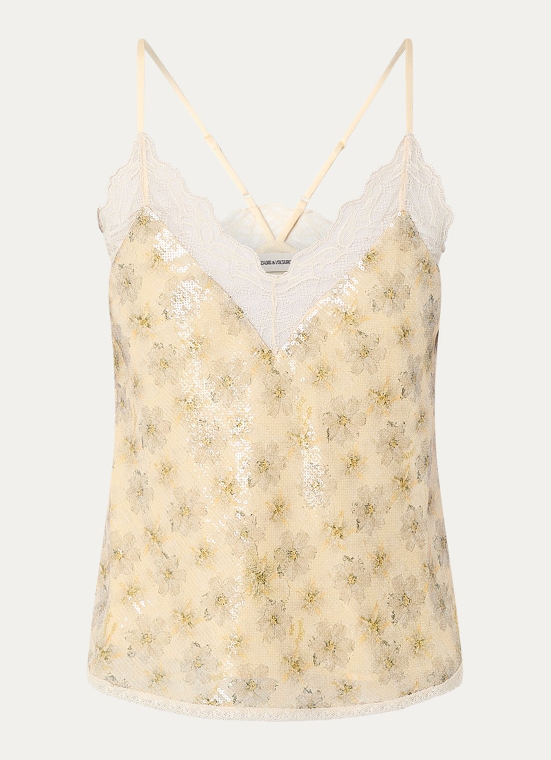 Zadig&Voltaire Christy spaghettitop met pailletten en kanten details - voorkant 3 vanillegeel