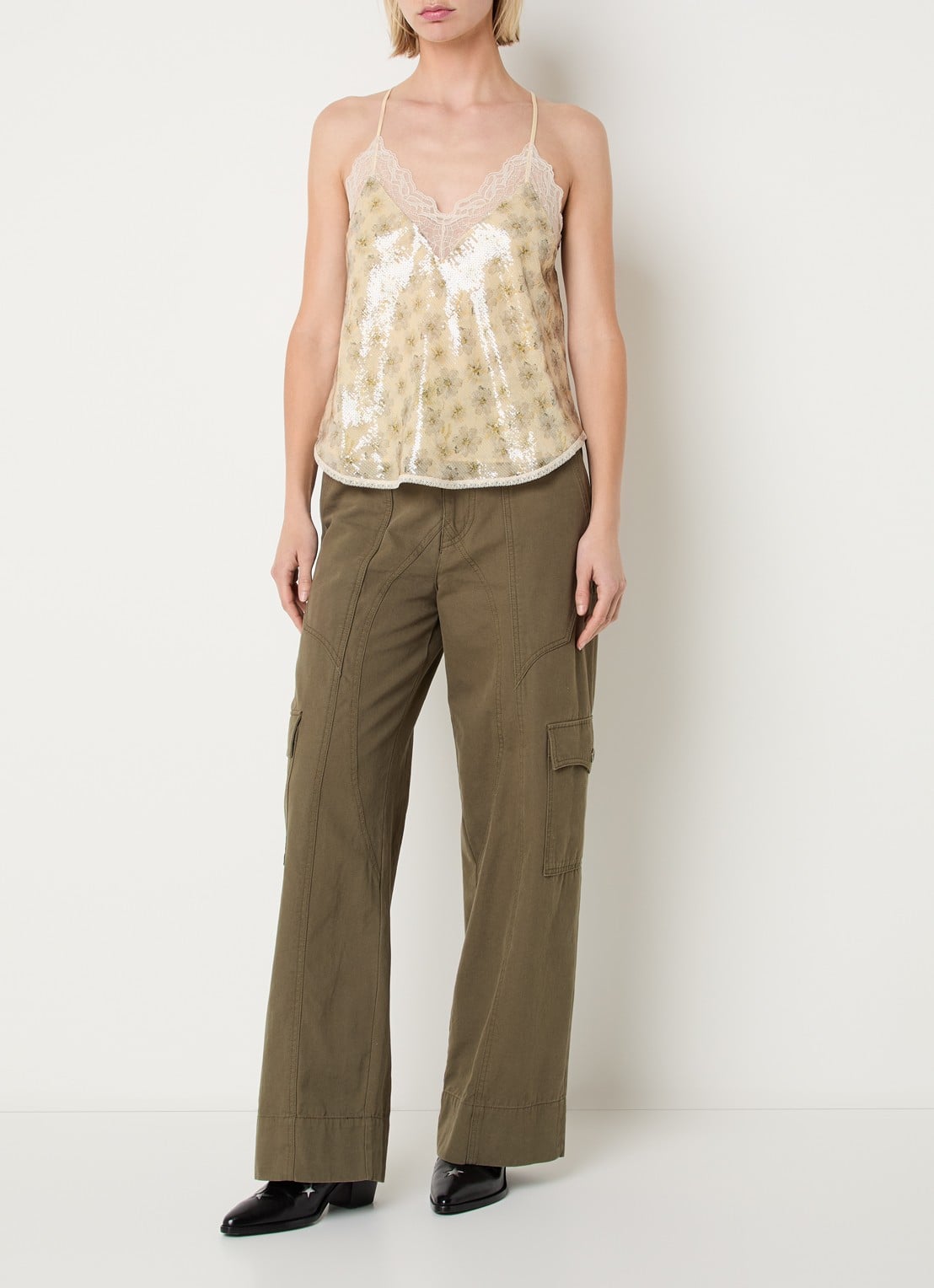 Zadig&Voltaire Christy spaghettitop met pailletten en kanten details - voorkant 4 vanillegeel