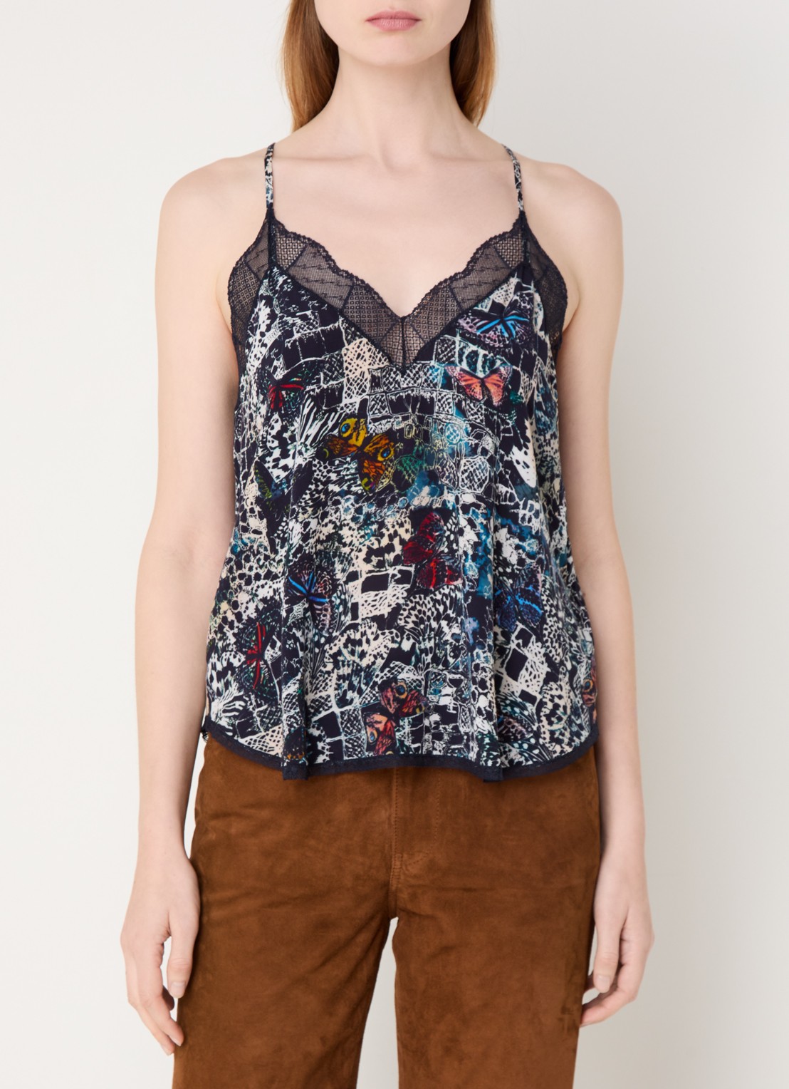 Zadig&Voltaire Christy spaghettitop met print en details van kant - detail donkerblauw