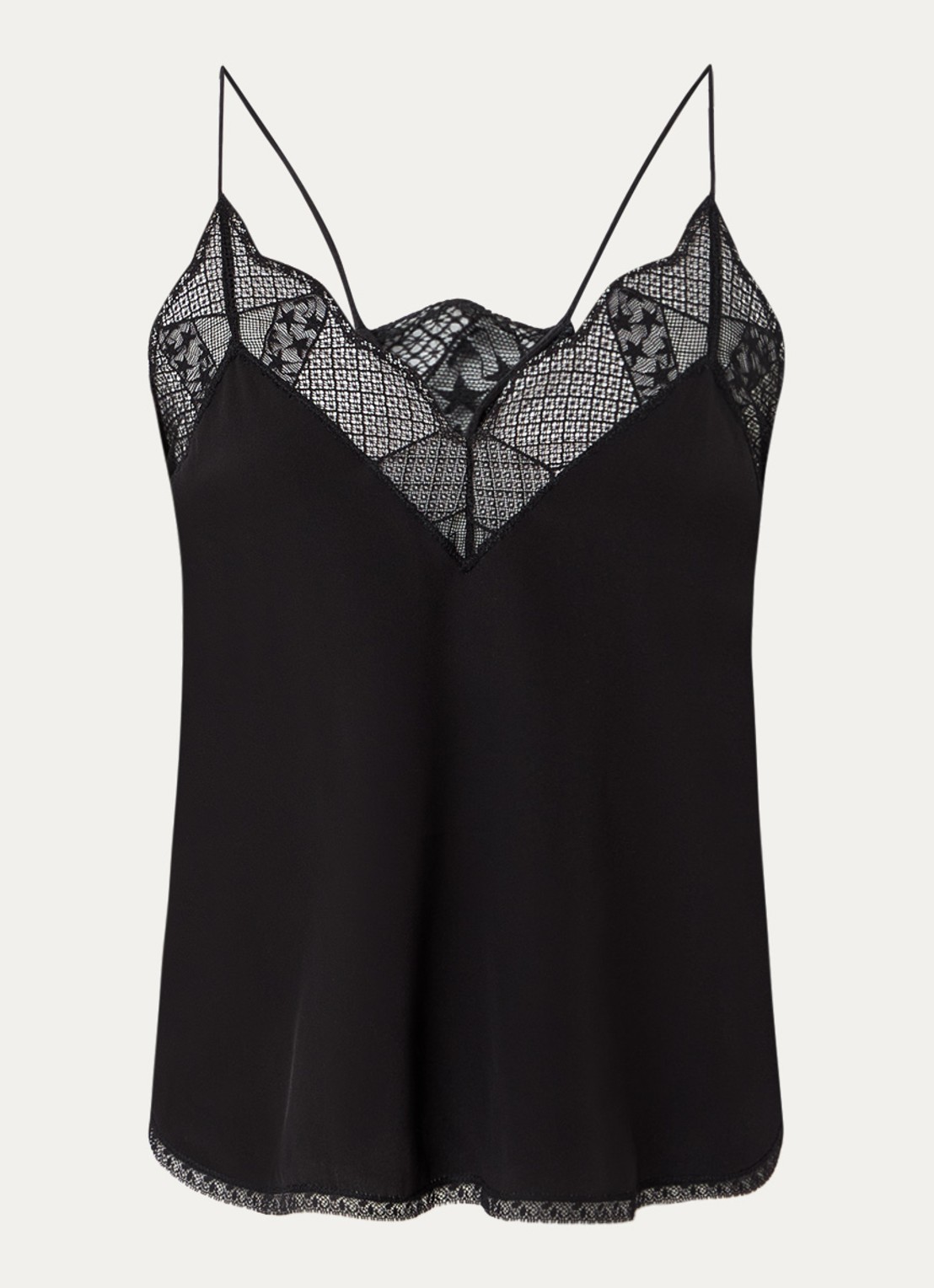 Zadig&Voltaire Christy spaghettitop van zijde met bies van kant - voorkant zwart