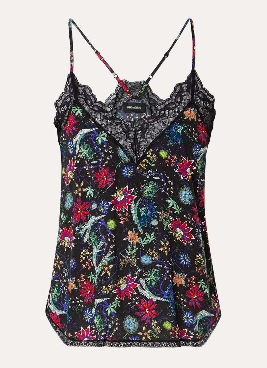 Zadig&Voltaire Christy top met bloemenprint en details van kant - voorkant zwart