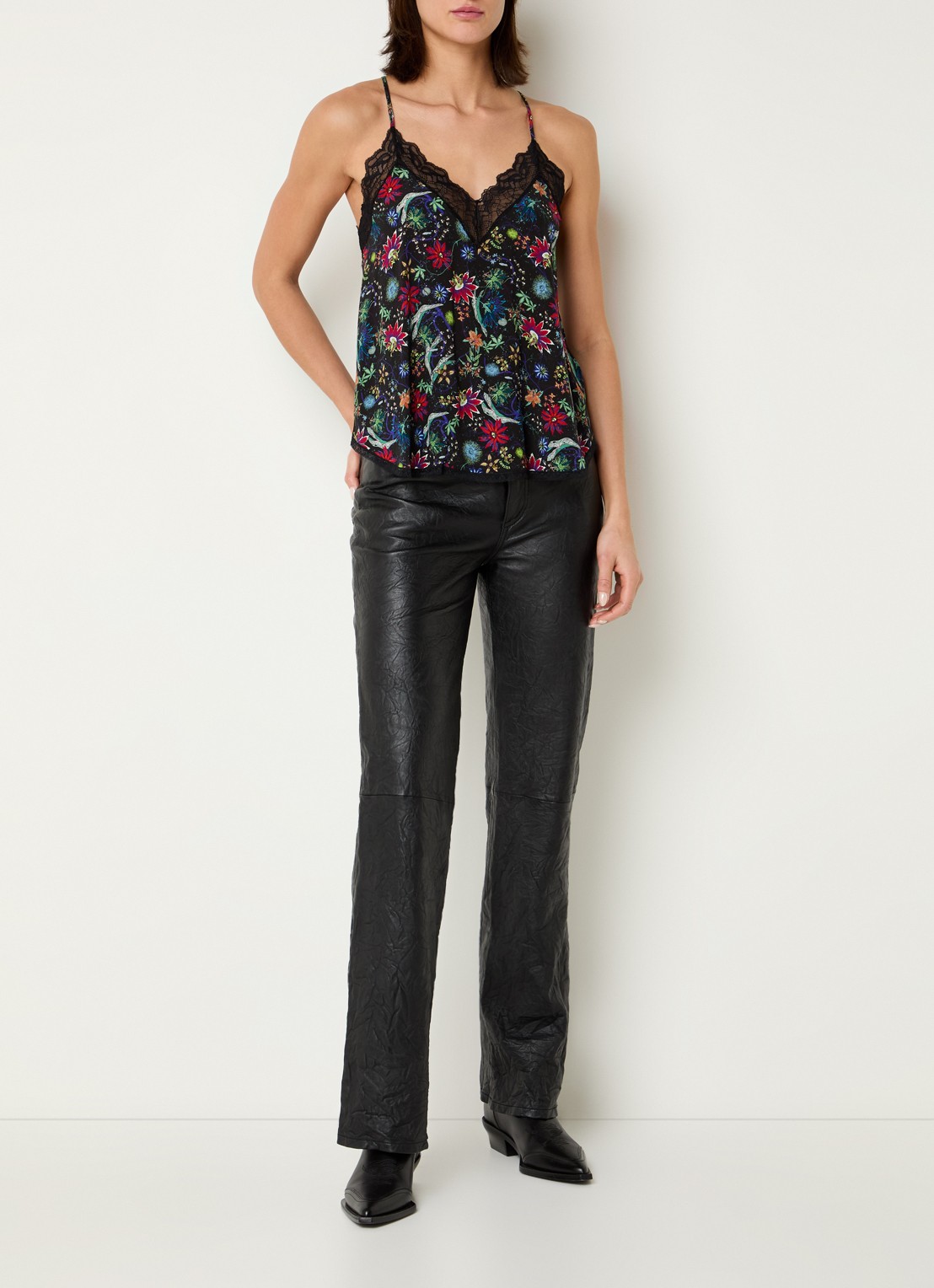 Zadig&Voltaire Christy top met bloemenprint en details van kant - voorkant 2 zwart
