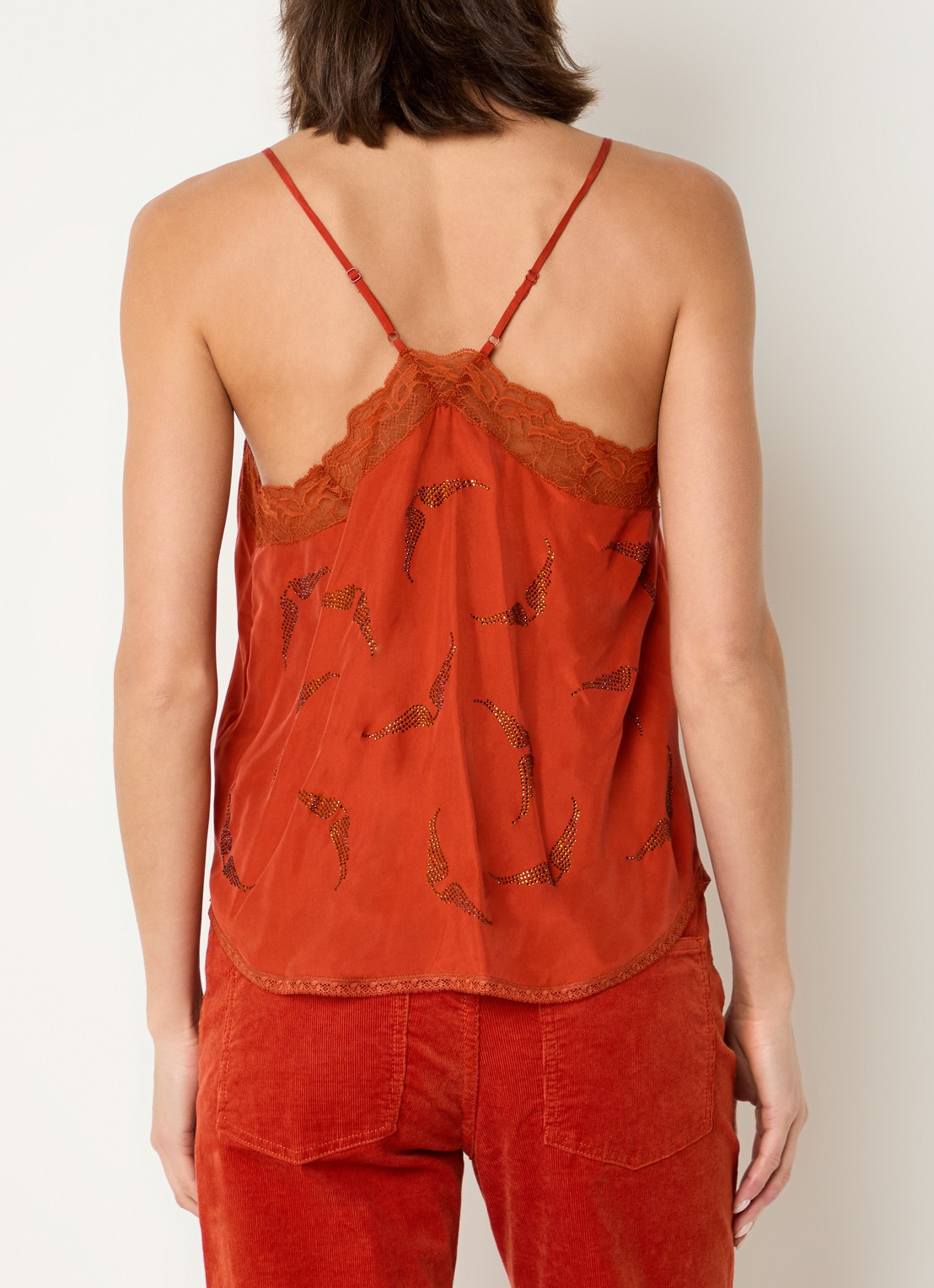 Zadig&Voltaire Christy top van satijn met strass en details van kant - achterkant oranjerood