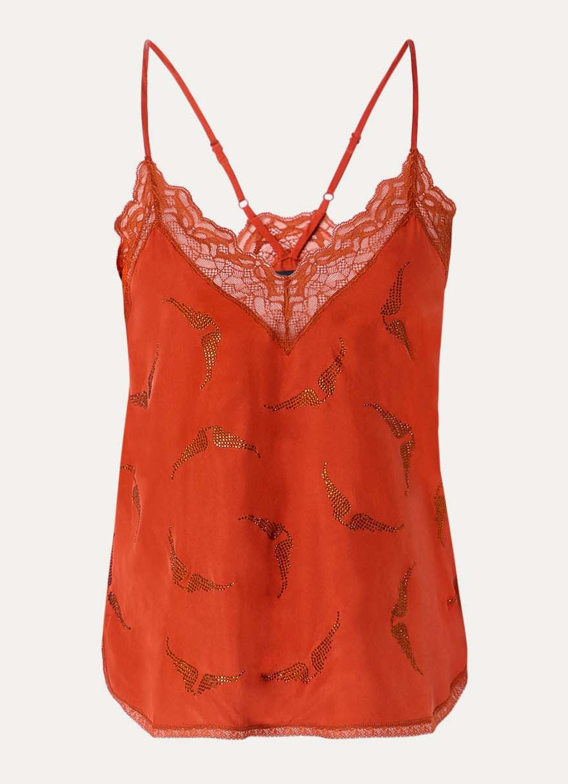 Zadig&Voltaire Christy top van satijn met strass en details van kant - voorkant 2 oranjerood