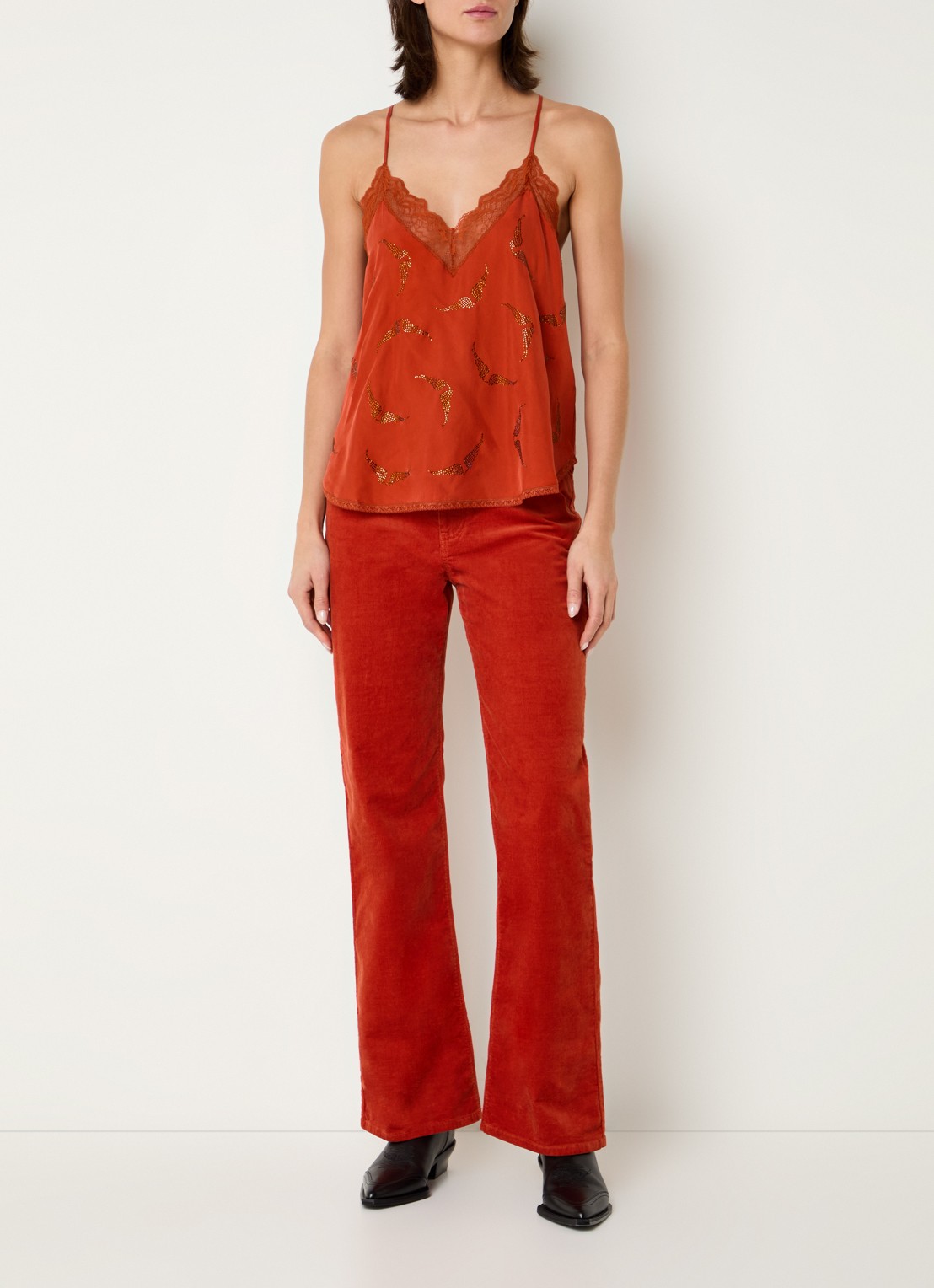 Zadig&Voltaire Christy top van satijn met strass en details van kant - voorkant 3 oranjerood