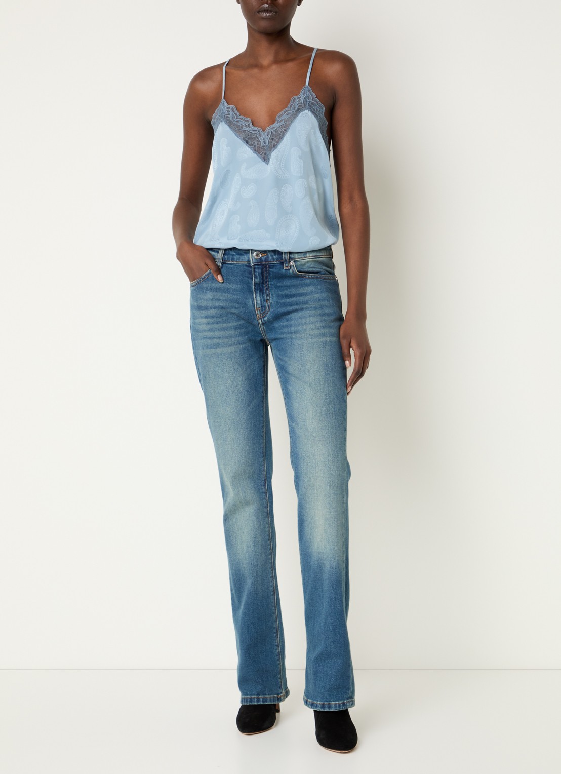 Zadig&Voltaire Christy top van zijde met details van kant - voorkant 3 lichtblauw