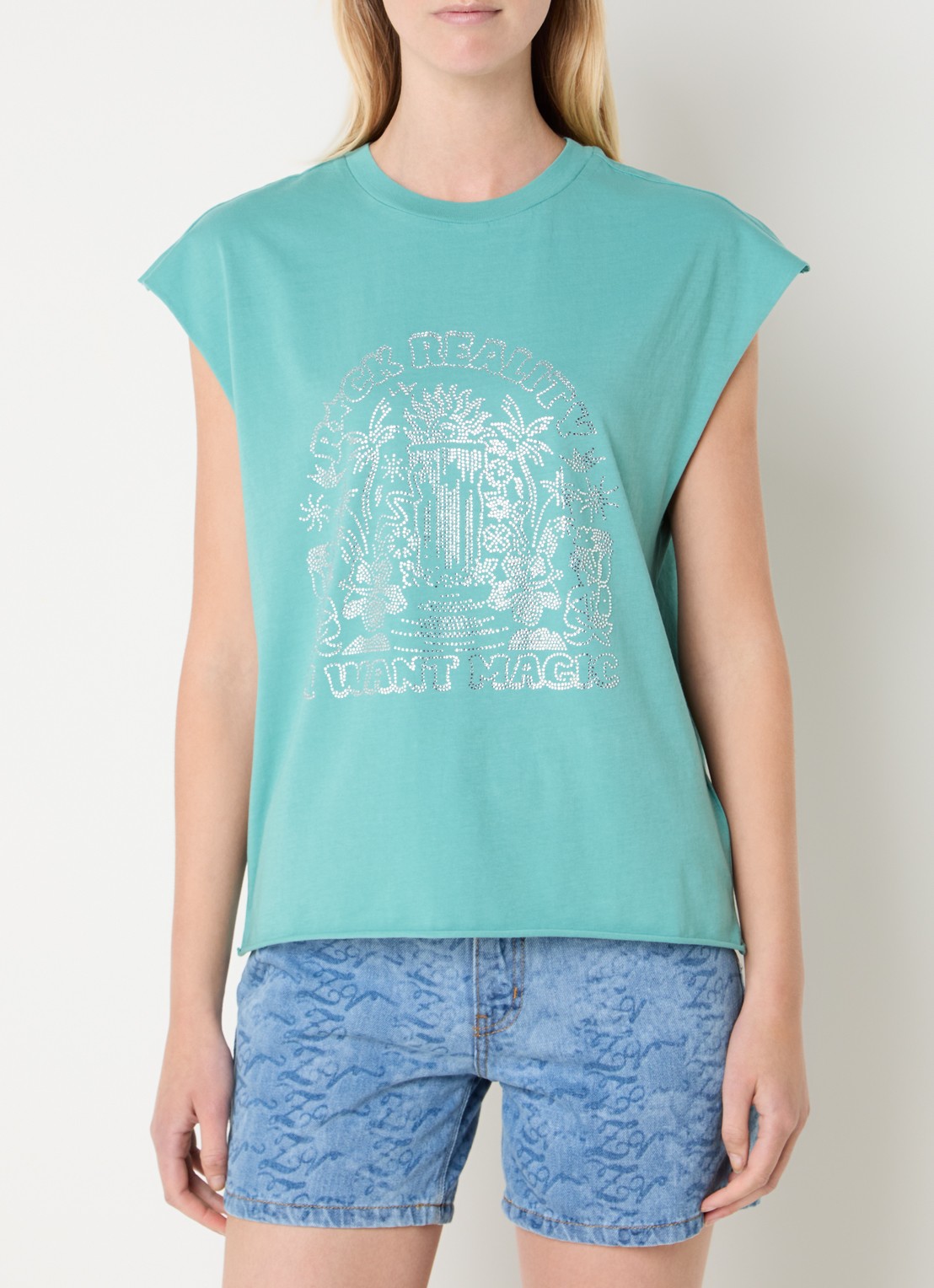 Zadig&Voltaire Cloe Cascade T-shirt met print en strass - detail turquoise